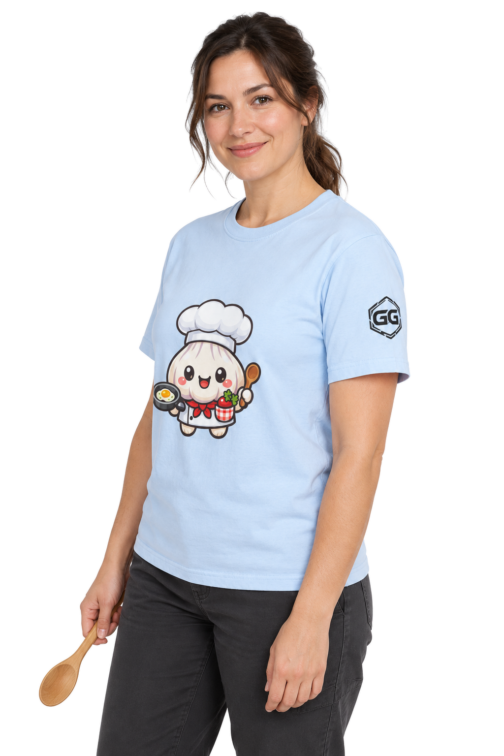model:7:f | Garlic Chef T-Shirt – Modelfoto in Hellblau – Frau