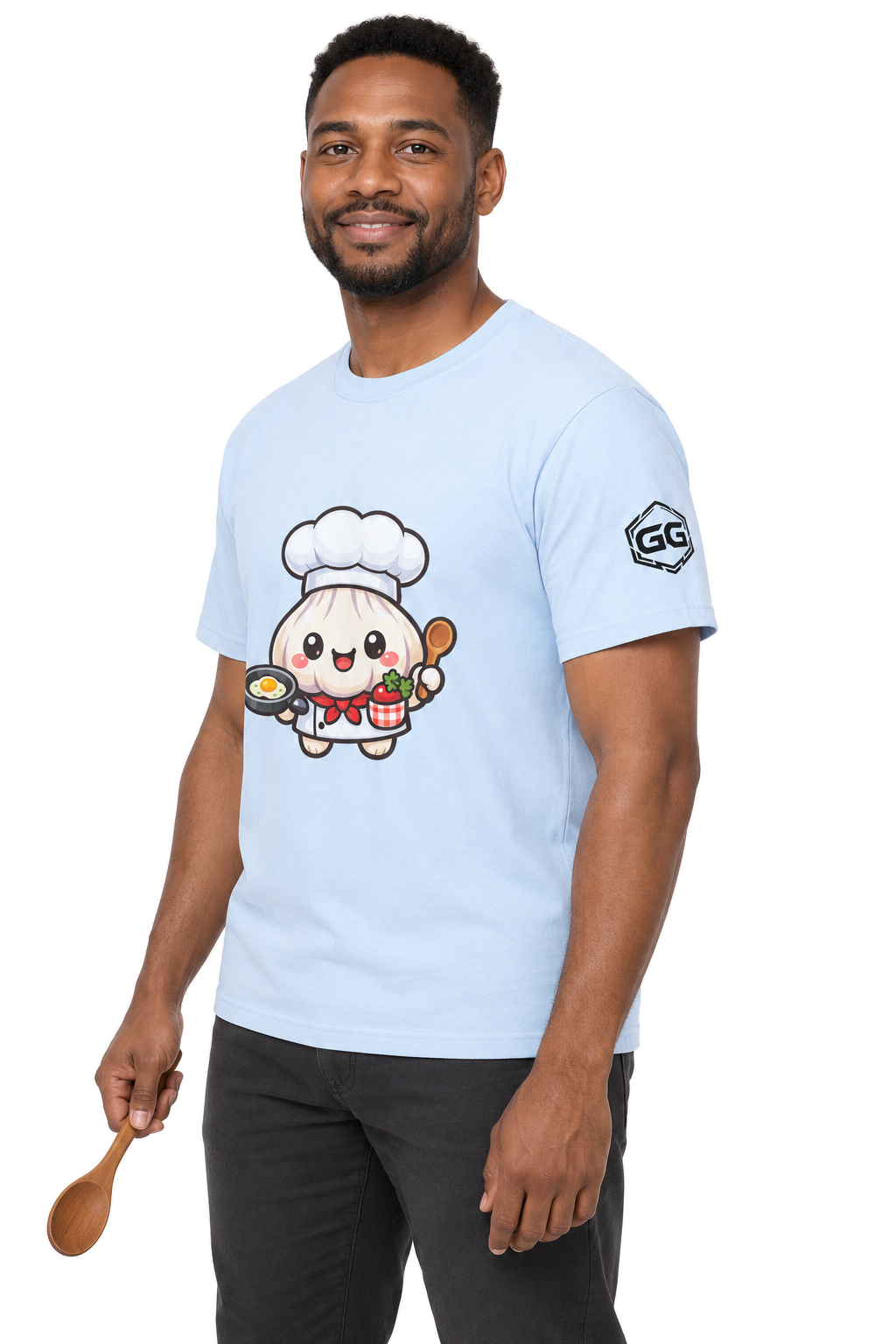 model:7:m | Garlic Chef T-Shirt – Modelfoto in Hellblau – Mann