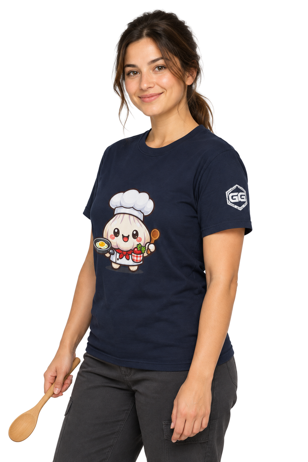 model:9:f | Garlic Chef T-Shirt – Modelfoto in Navy – Frau