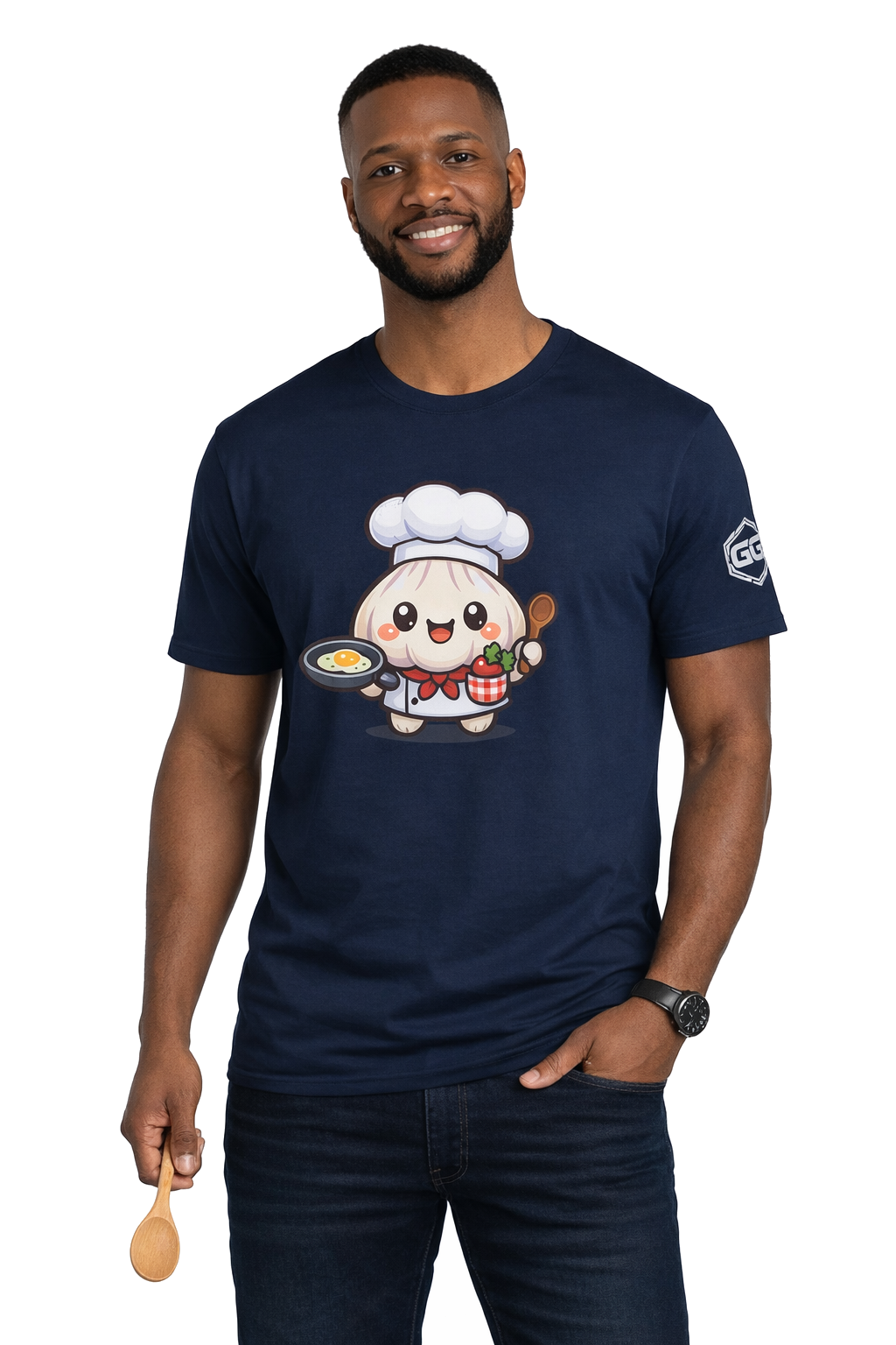 model:9:m | Garlic Chef T-Shirt – Modelfoto in Navy – Mann
