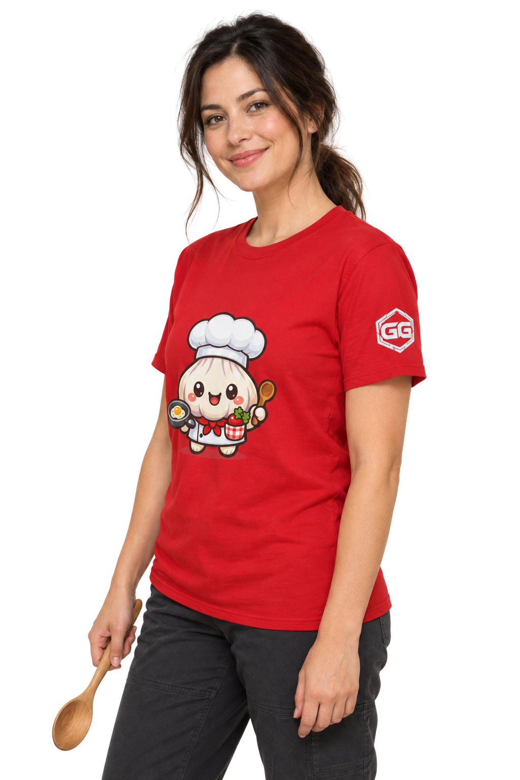 model:10:f | Garlic Chef T-Shirt – Modelfoto in Rot – Frau