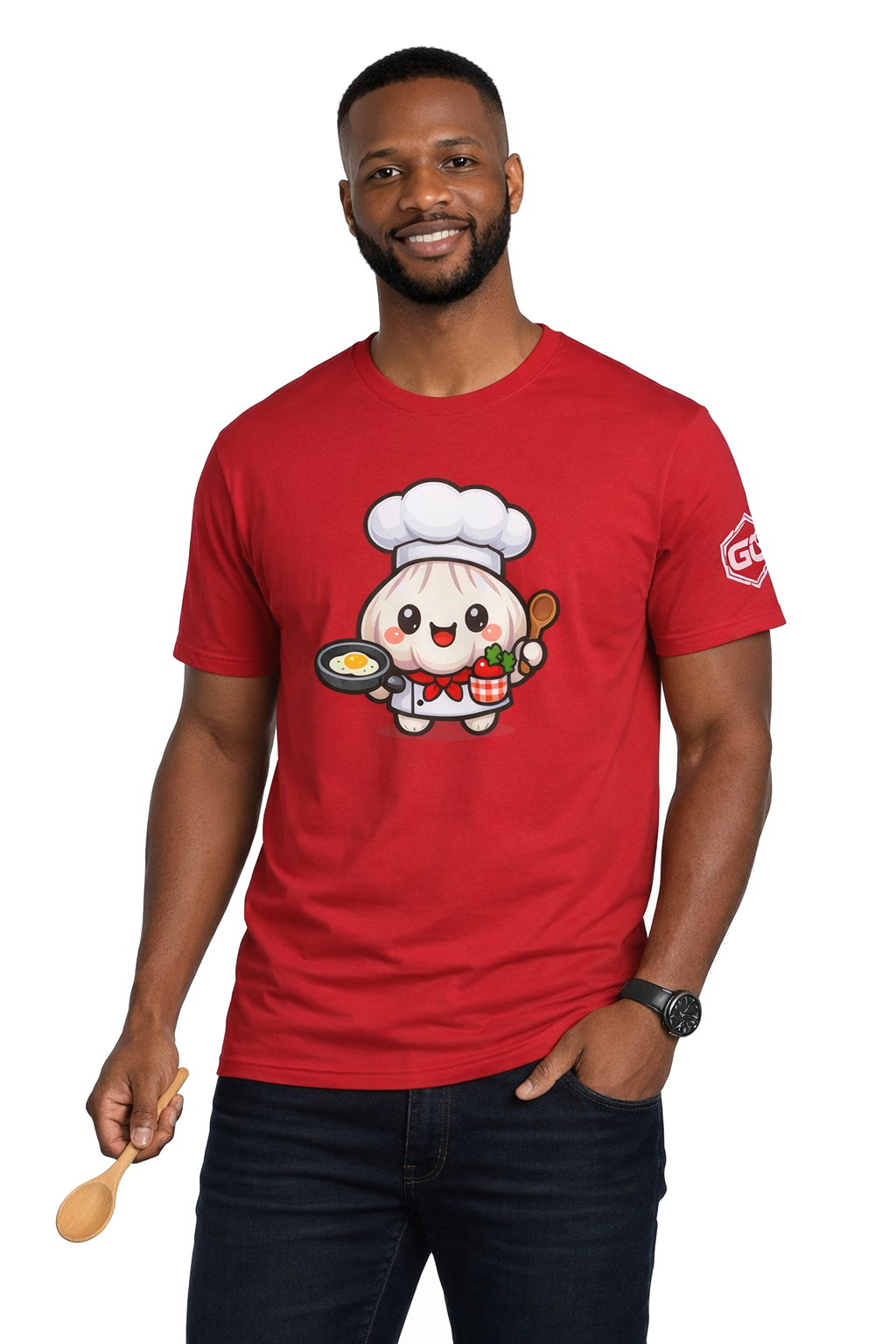 model:10:m | Garlic Chef T-Shirt – Modelfoto in Rot – Mann