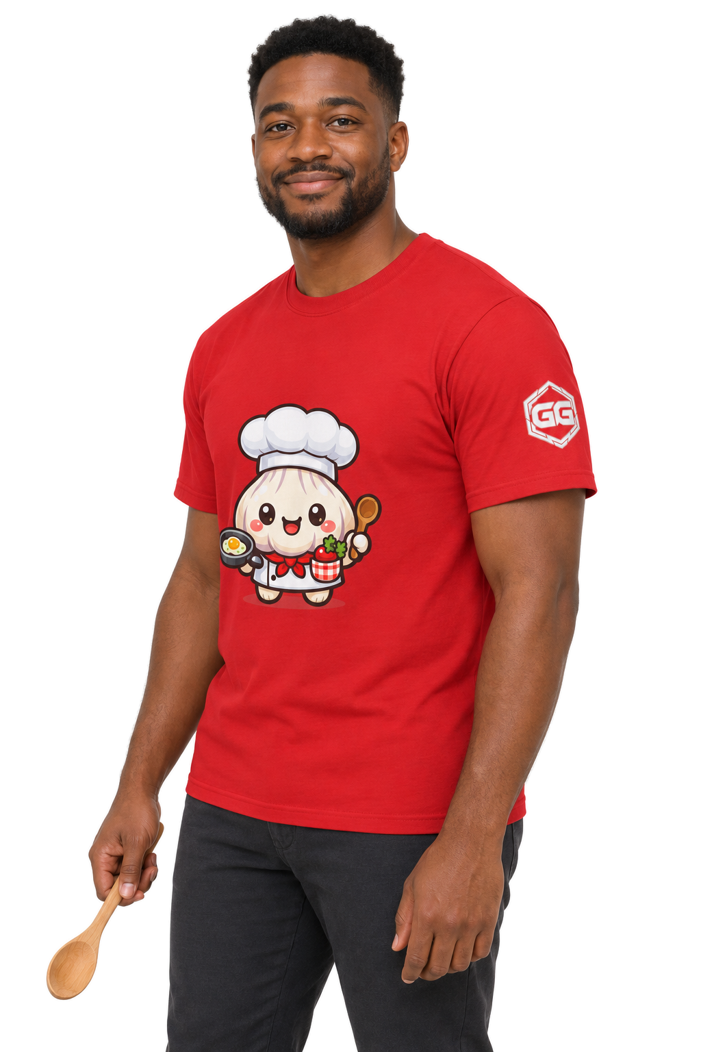 model:10:m | Garlic Chef T-Shirt – Modelfoto in Rot – Mann