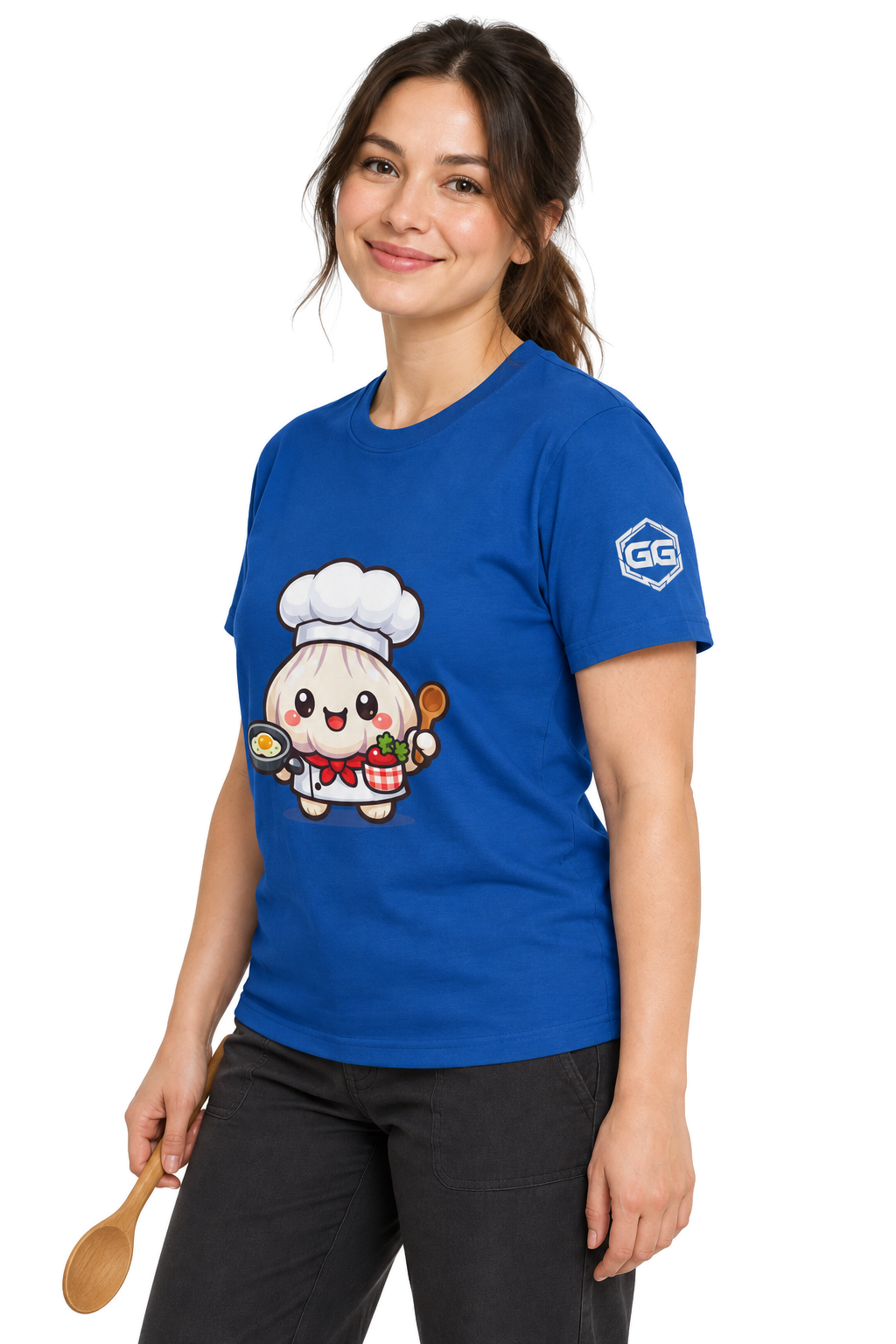 model:8:f | Garlic Chef T-Shirt – Modelfoto in Royalblau – Frau