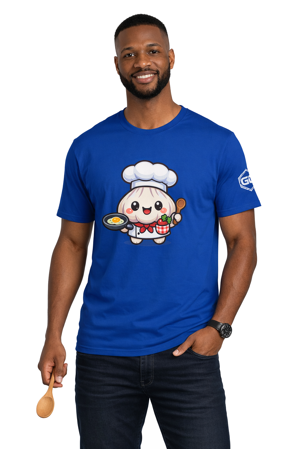 model:8:m | Garlic Chef T-Shirt – Modelfoto in Royalblau – Mann