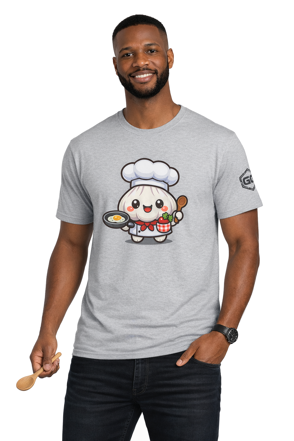 model:2:m | Garlic Chef T-Shirt – Modelfoto in Sportgrau – Mann