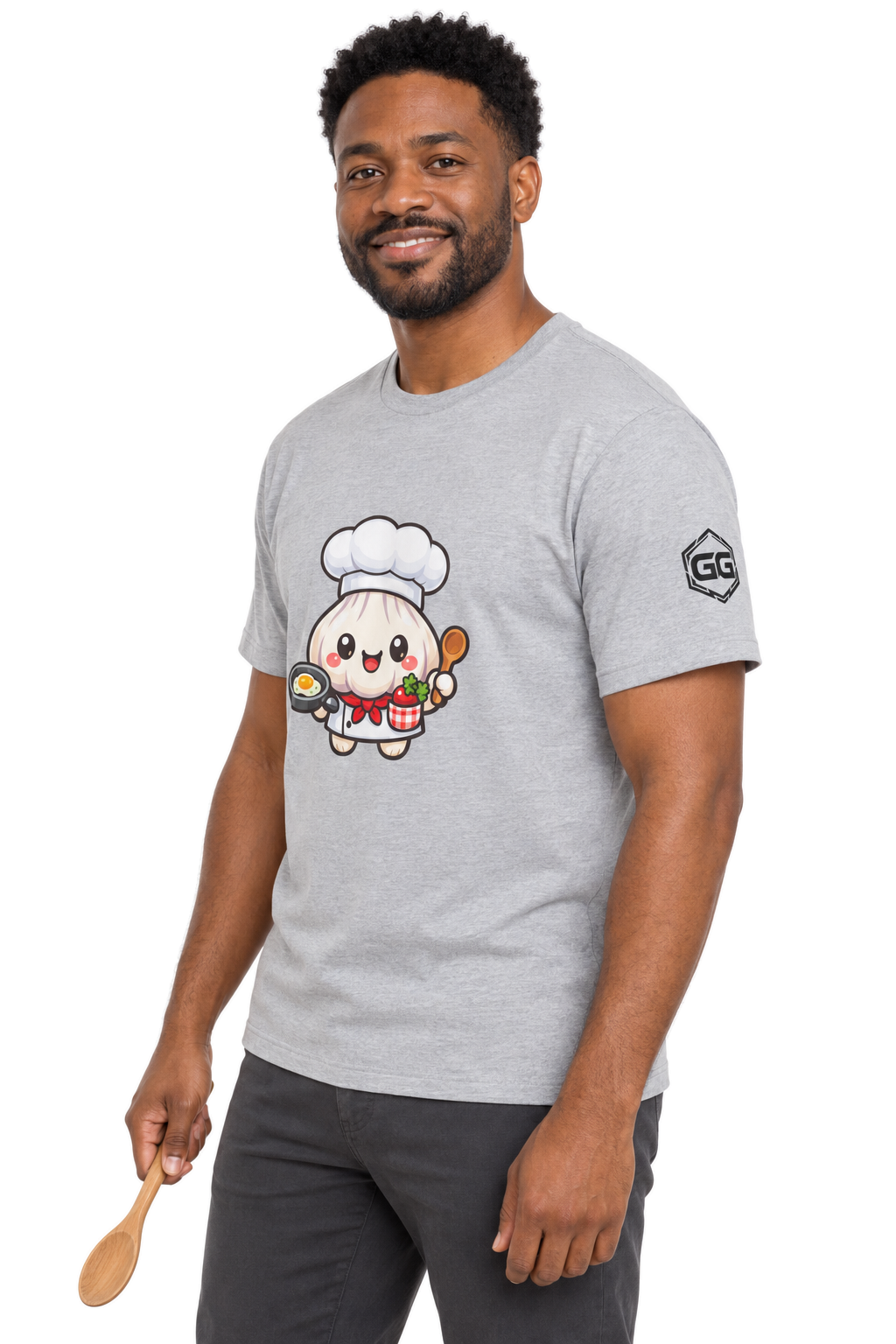 model:2:m | Garlic Chef T-Shirt – Modelfoto in Sportgrau – Mann