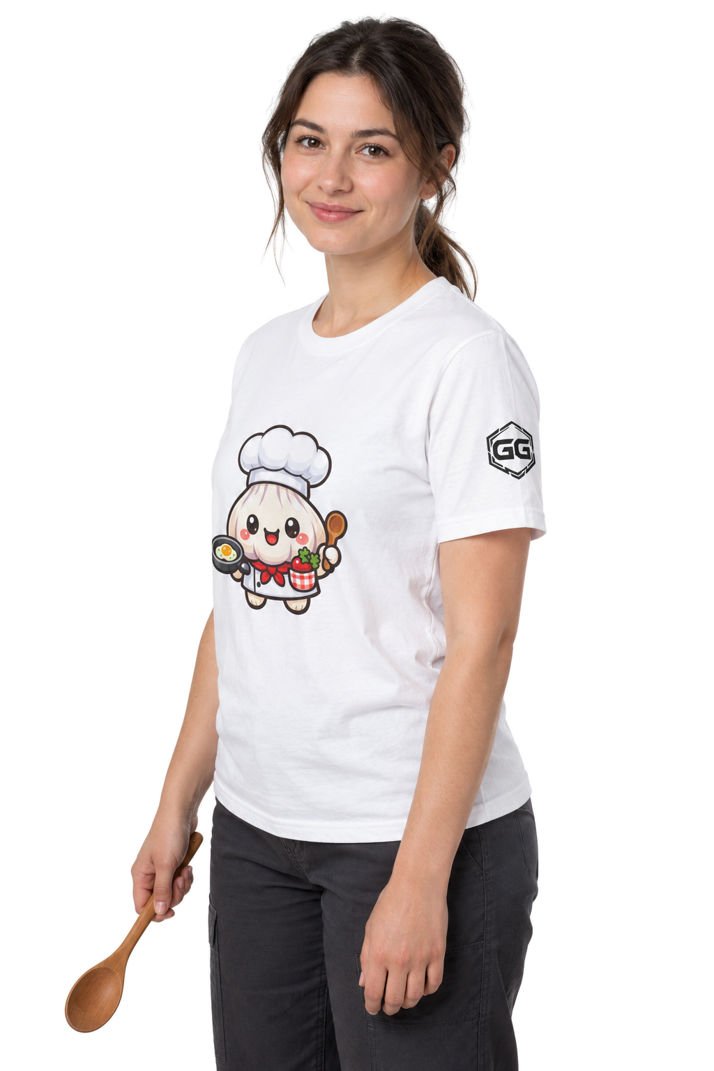 model:0:f | Garlic Chef T-Shirt – Modelfoto in Weiß – Frau