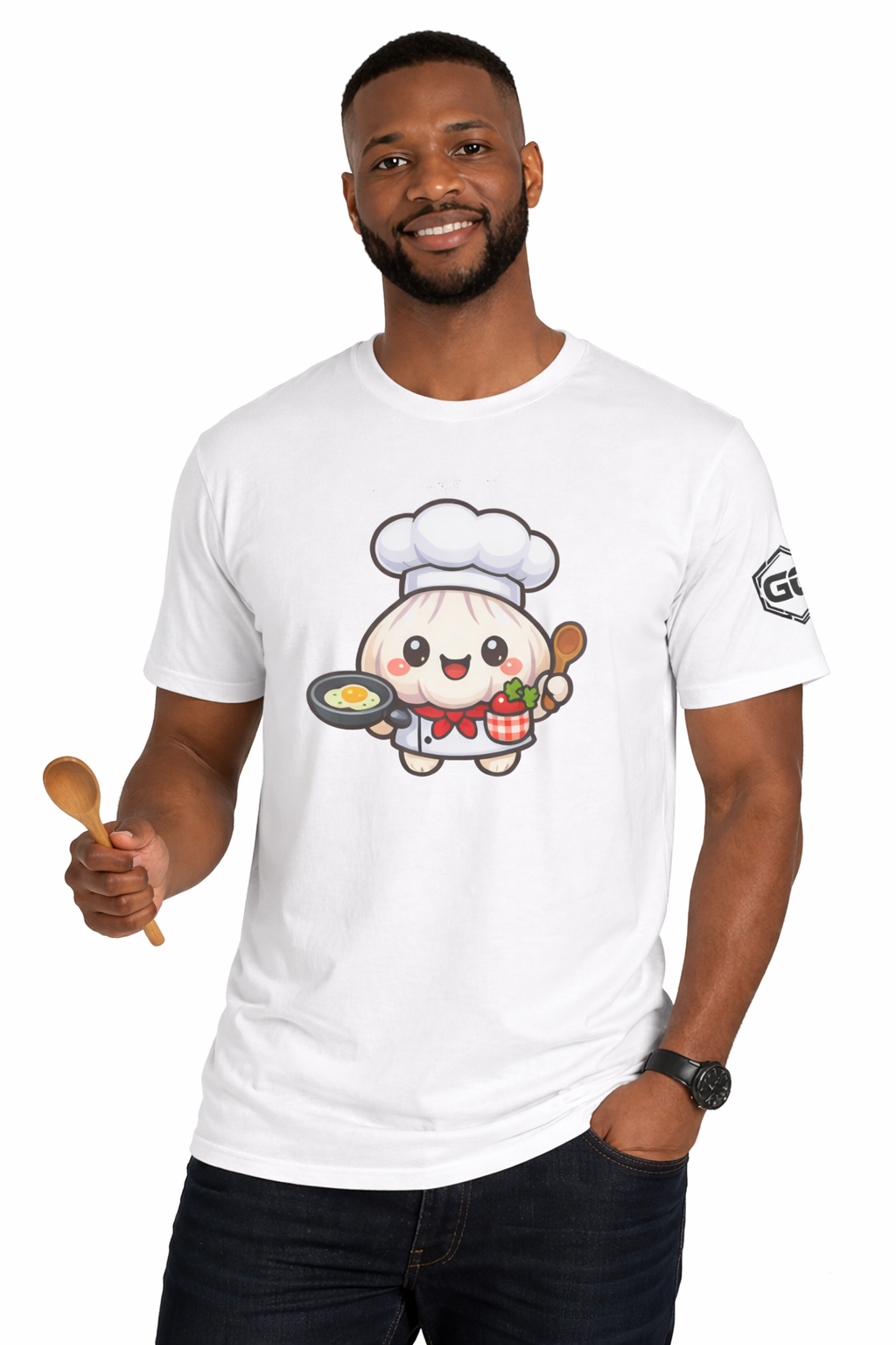 model:0:m | Garlic Chef T-Shirt – Modelfoto in Weiß – Mann