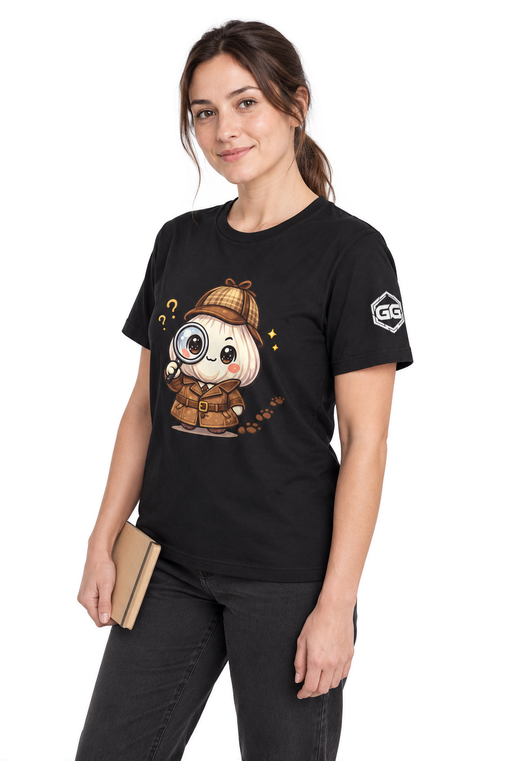model:1:f | Garlic Detective T-Shirt – Modelfoto in Schwarz – Frau