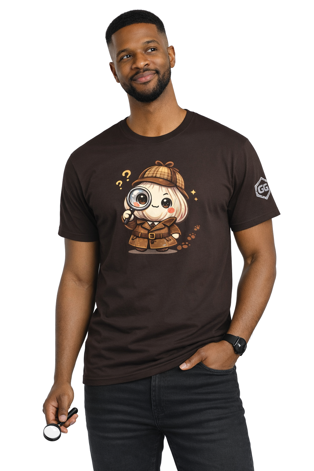 model:3:m | Garlic Detective T-Shirt – Modelfoto in Dunkelbraun – Mann