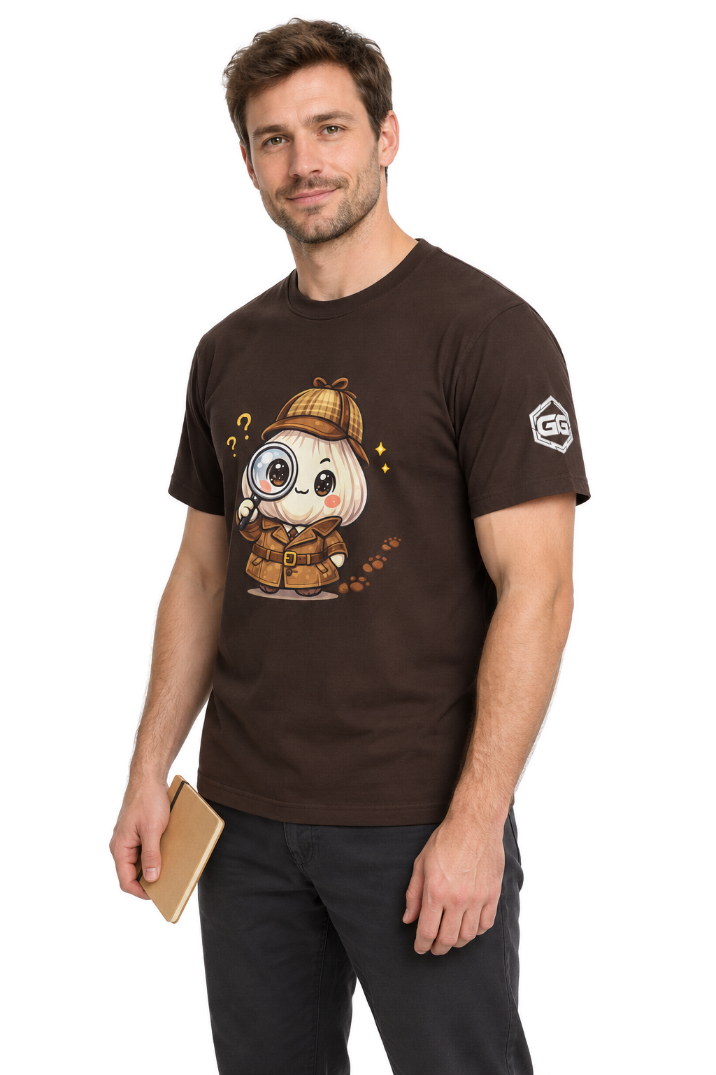 model:3:m | Garlic Detective T-Shirt – Modelfoto in Dunkelbraun – Mann