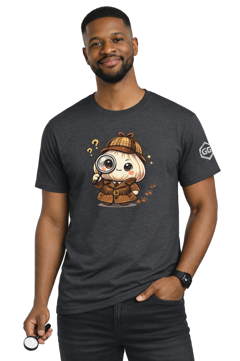 model:6:m | Garlic Detective T-Shirt – Modelfoto in Dunkelmeliert – Mann