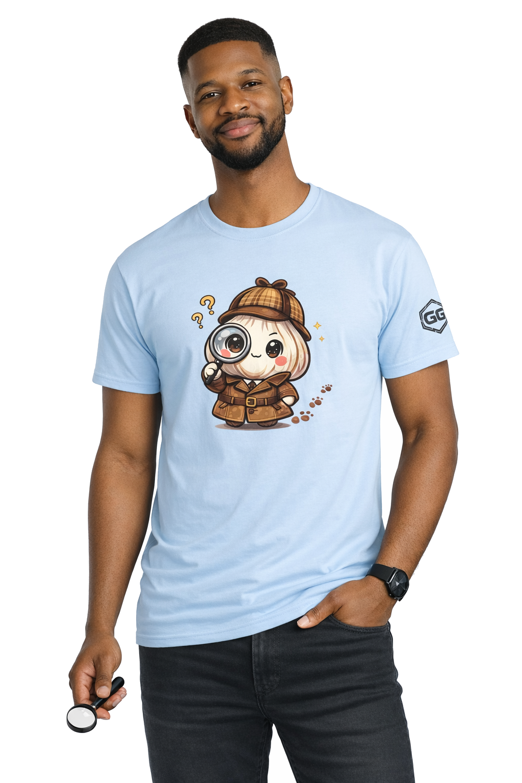 model:7:m | Garlic Detective T-Shirt – Modelfoto in Hellblau – Mann