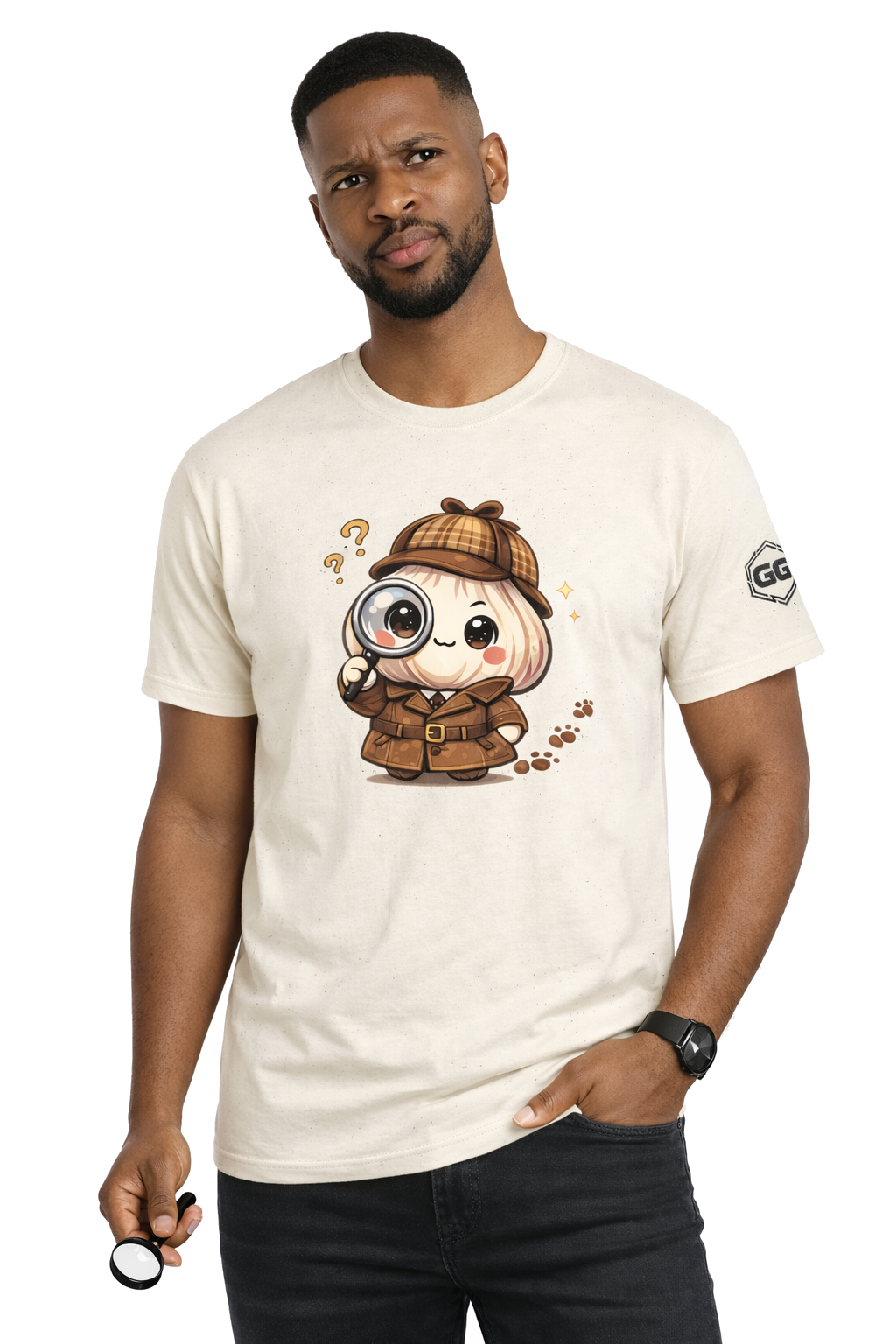 model:4:m | Garlic Detective T-Shirt – Modelfoto in Natur – Mann