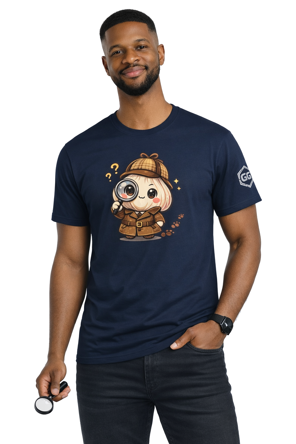 model:9:m | Garlic Detective T-Shirt – Modelfoto in Navy – Mann