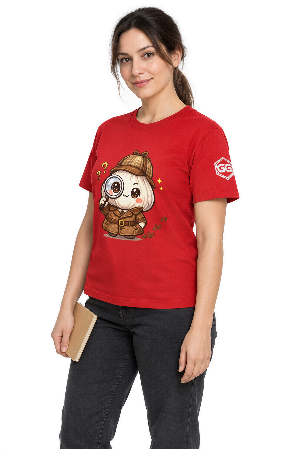 model:10:f | Garlic Detective T-Shirt – Modelfoto in Rot – Frau