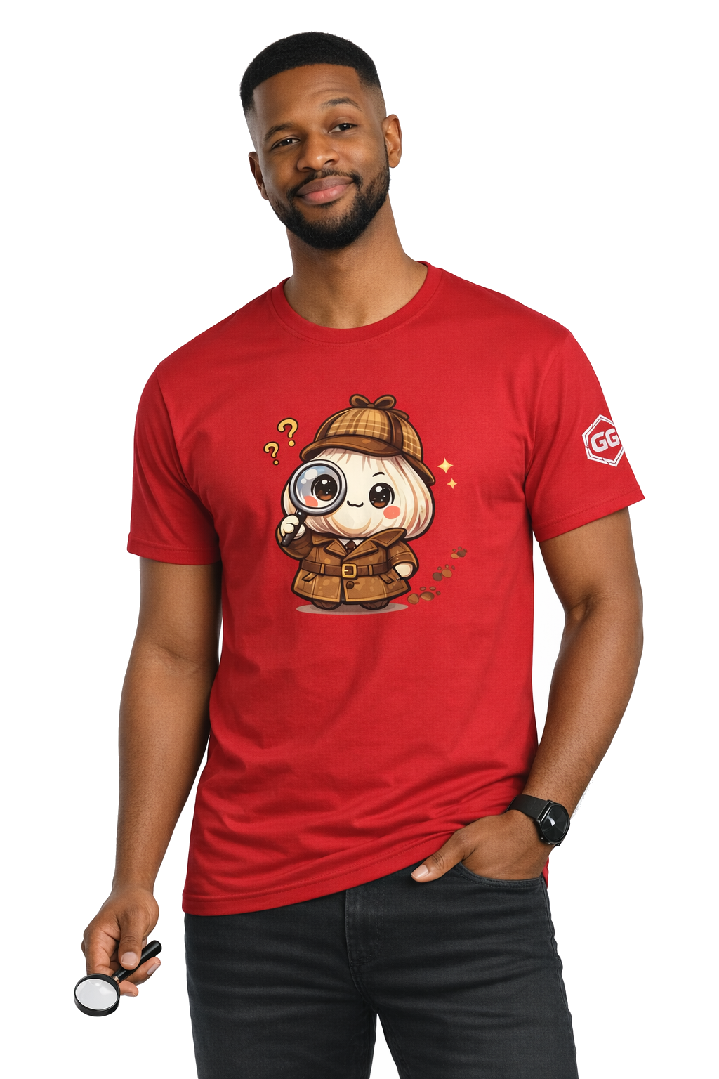 model:10:m | Garlic Detective T-Shirt – Modelfoto in Rot – Mann