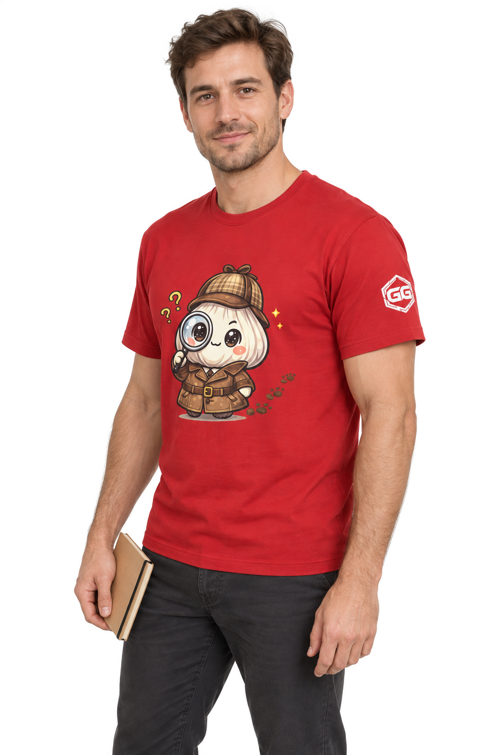 model:10:m | Garlic Detective T-Shirt – Modelfoto in Rot – Mann