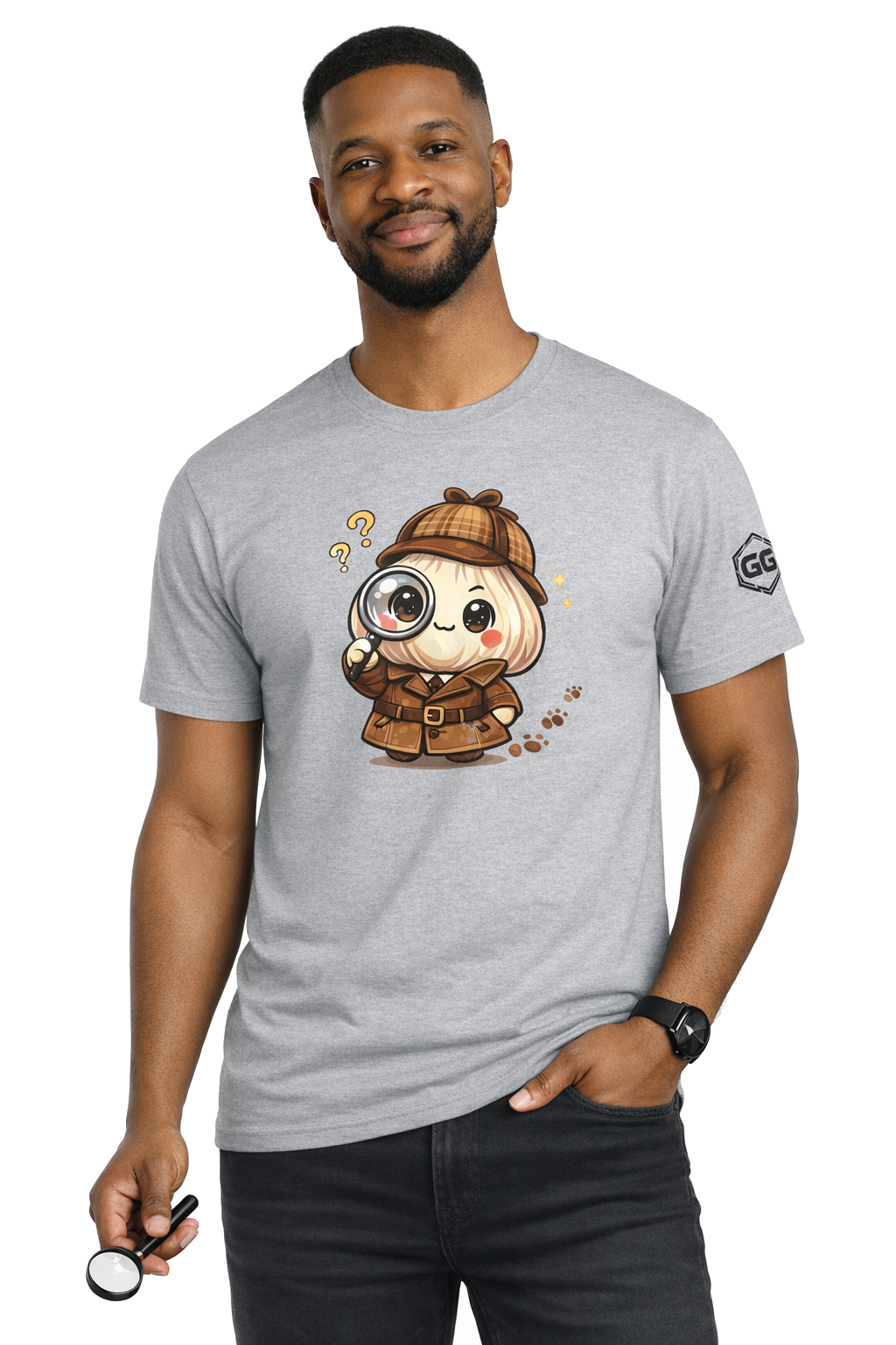 model:2:m | Garlic Detective T-Shirt – Modelfoto in Sportgrau – Mann