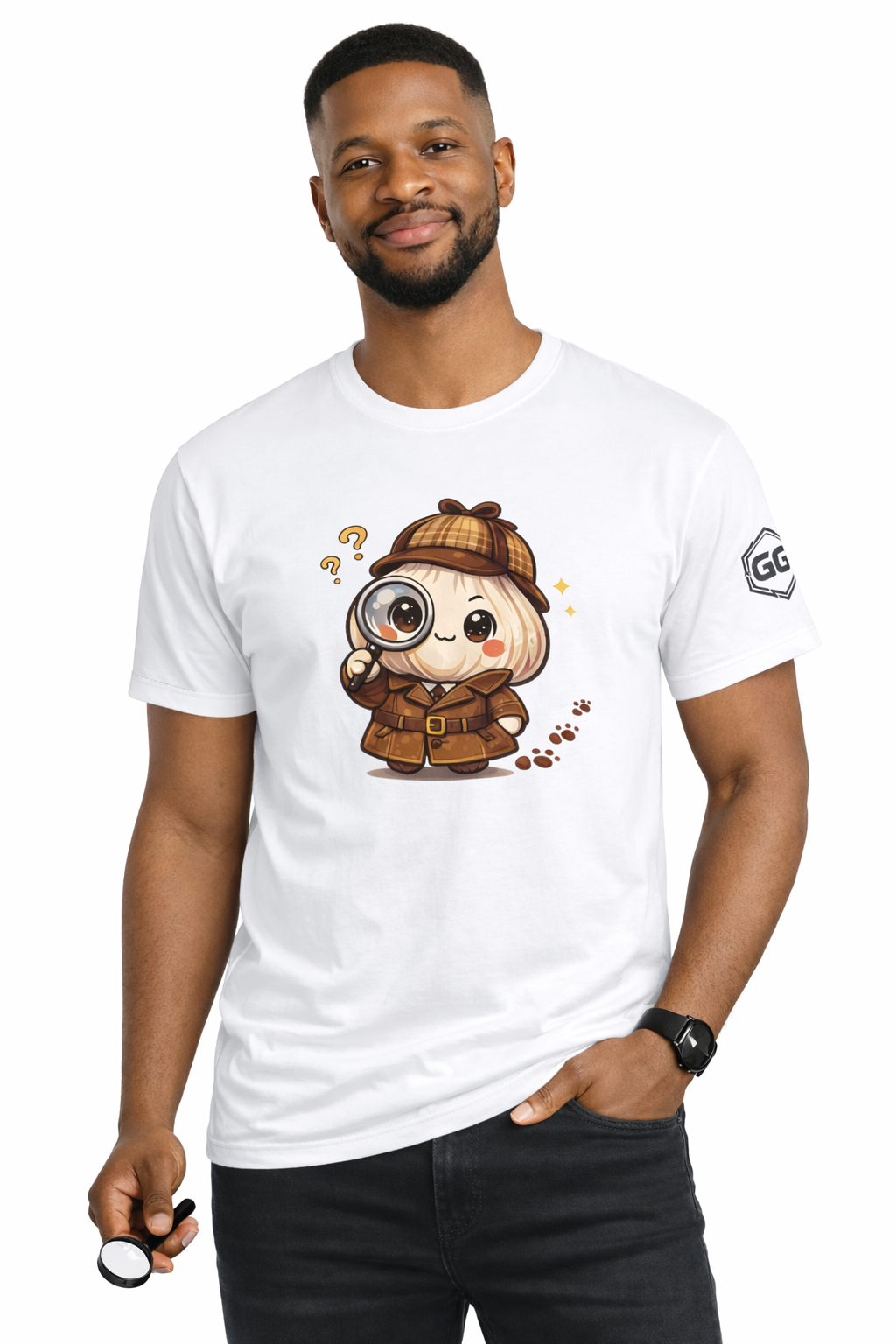 model:0:m | Garlic Detective T-Shirt – Modelfoto in Weiß – Mann