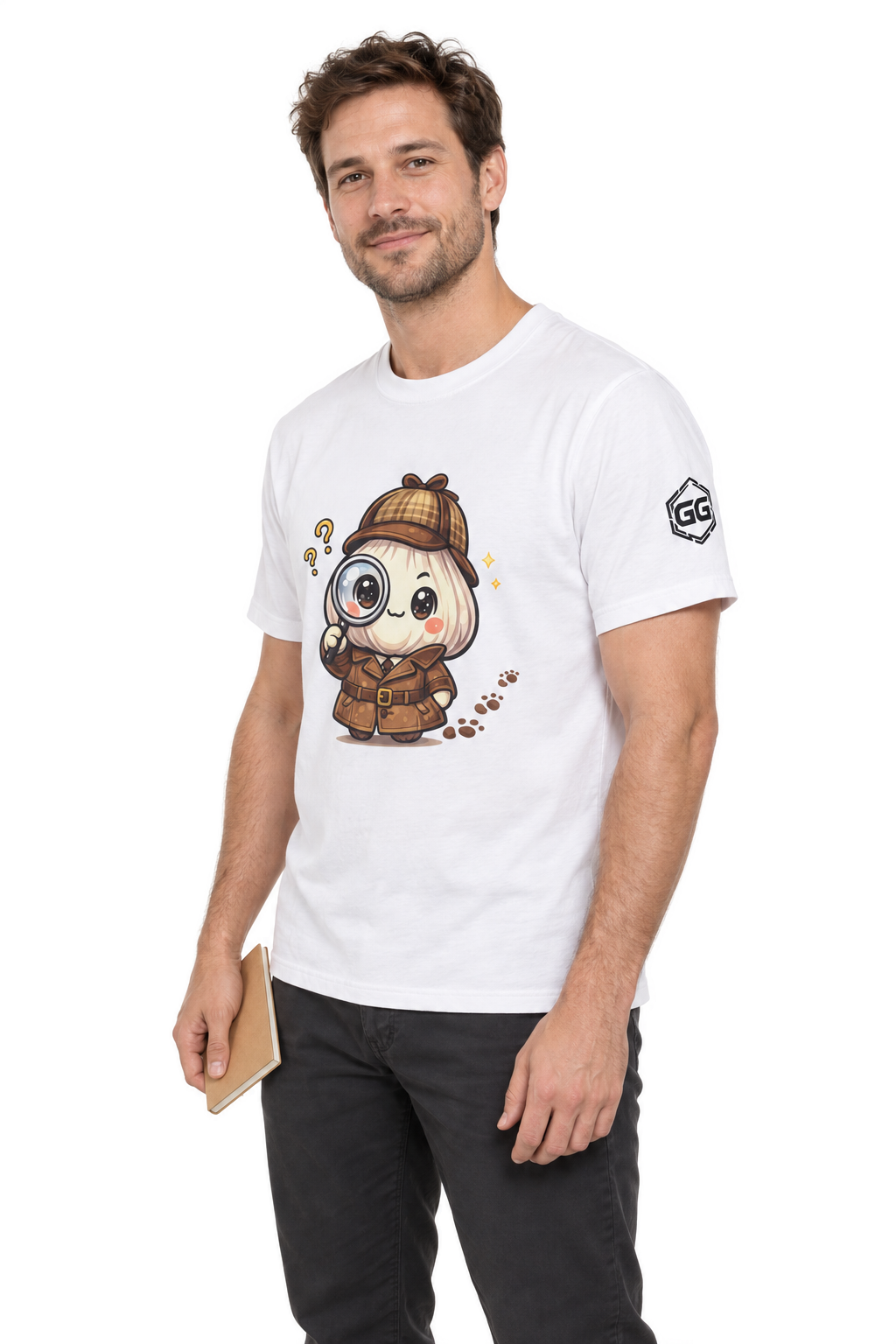 model:0:m | Garlic Detective T-Shirt – Modelfoto in Weiß – Mann