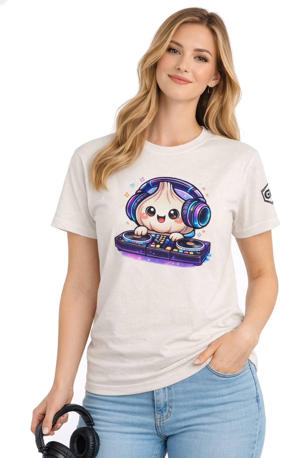 model:4:f | Garlic DJ T-Shirt – Modelfoto in Natur – Frau