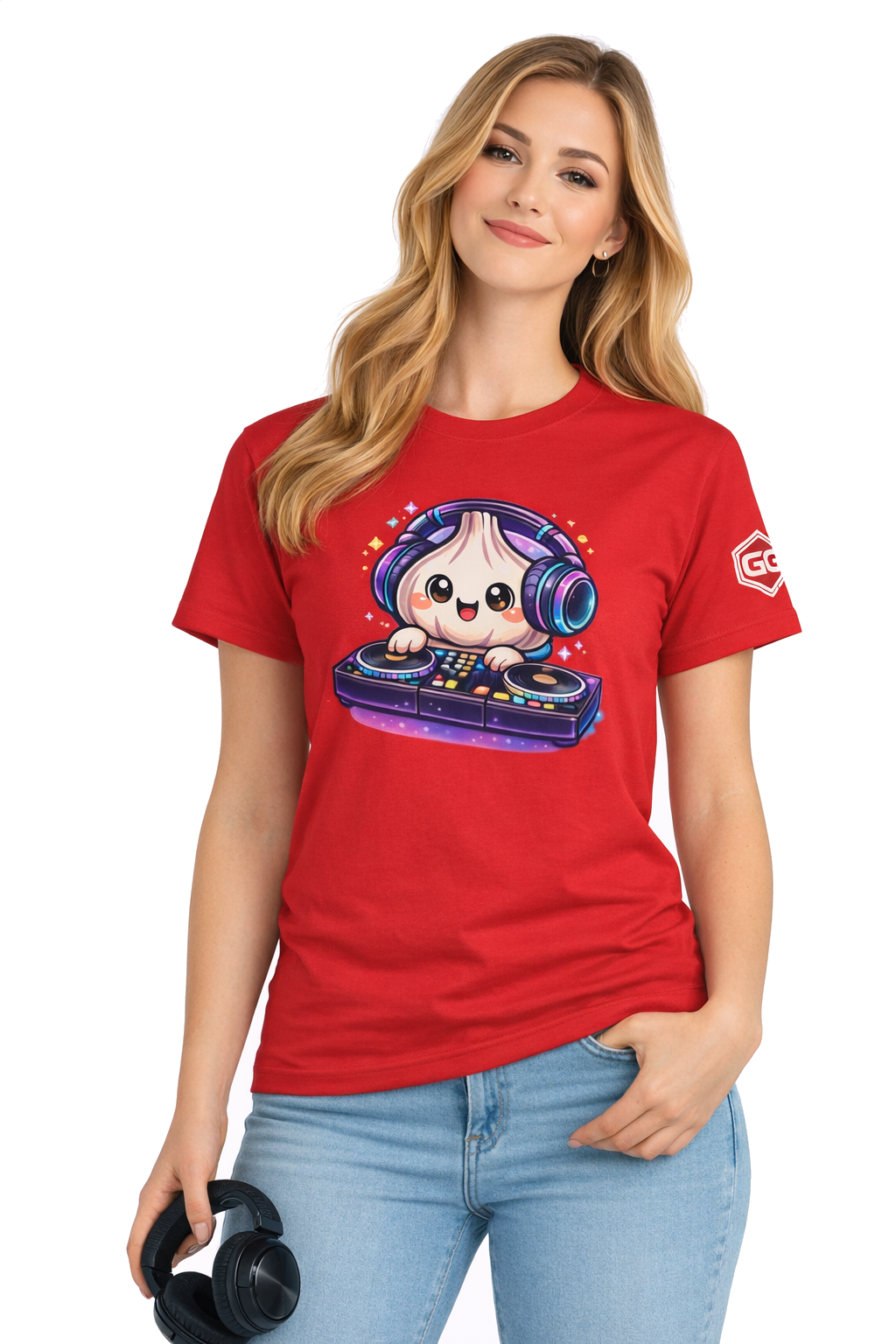 model:10:f | Garlic DJ T-Shirt – Modelfoto in Rot – Frau
