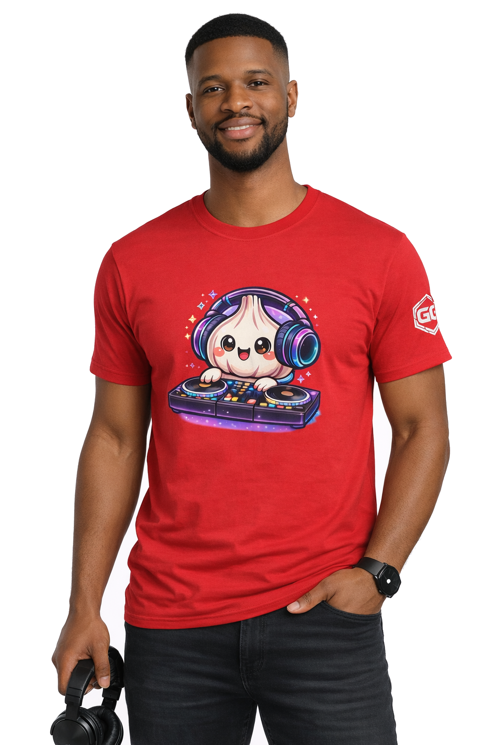 model:10:m | Garlic DJ T-Shirt – Modelfoto in Rot – Mann