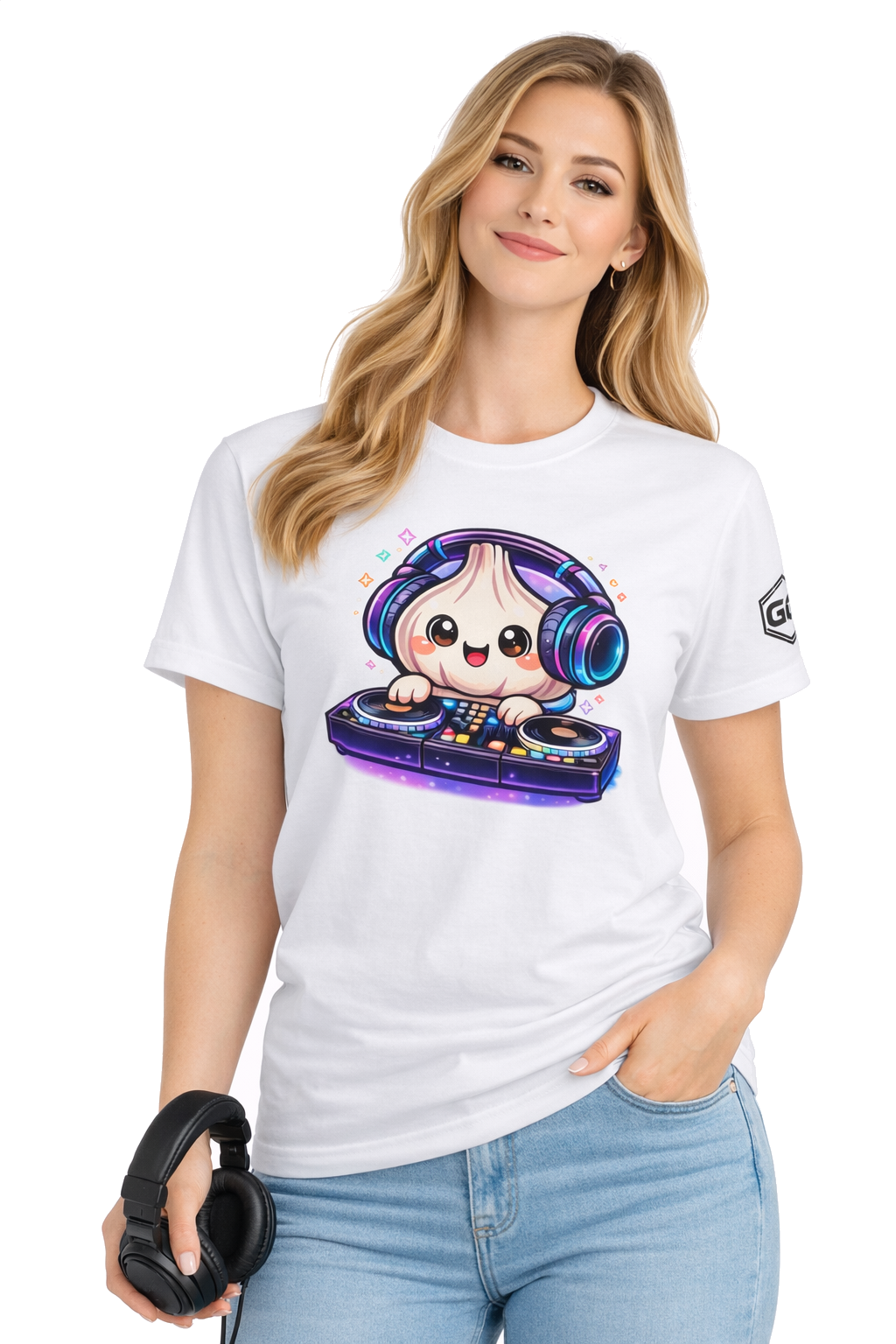 model:0:f | Garlic DJ T-Shirt – Modelfoto in Weiß – Frau