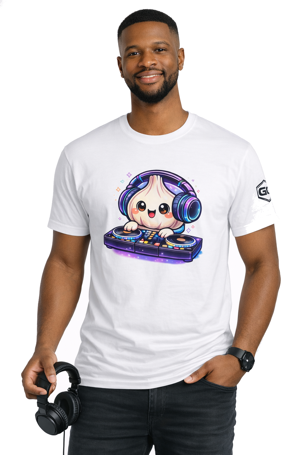 model:0:m | Garlic DJ T-Shirt – Modelfoto in Weiß – Mann