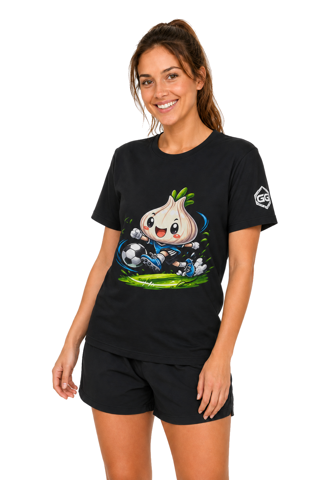 model:1:f | Garlic Soccer Player T-Shirt – Model photo in Black – Woman
