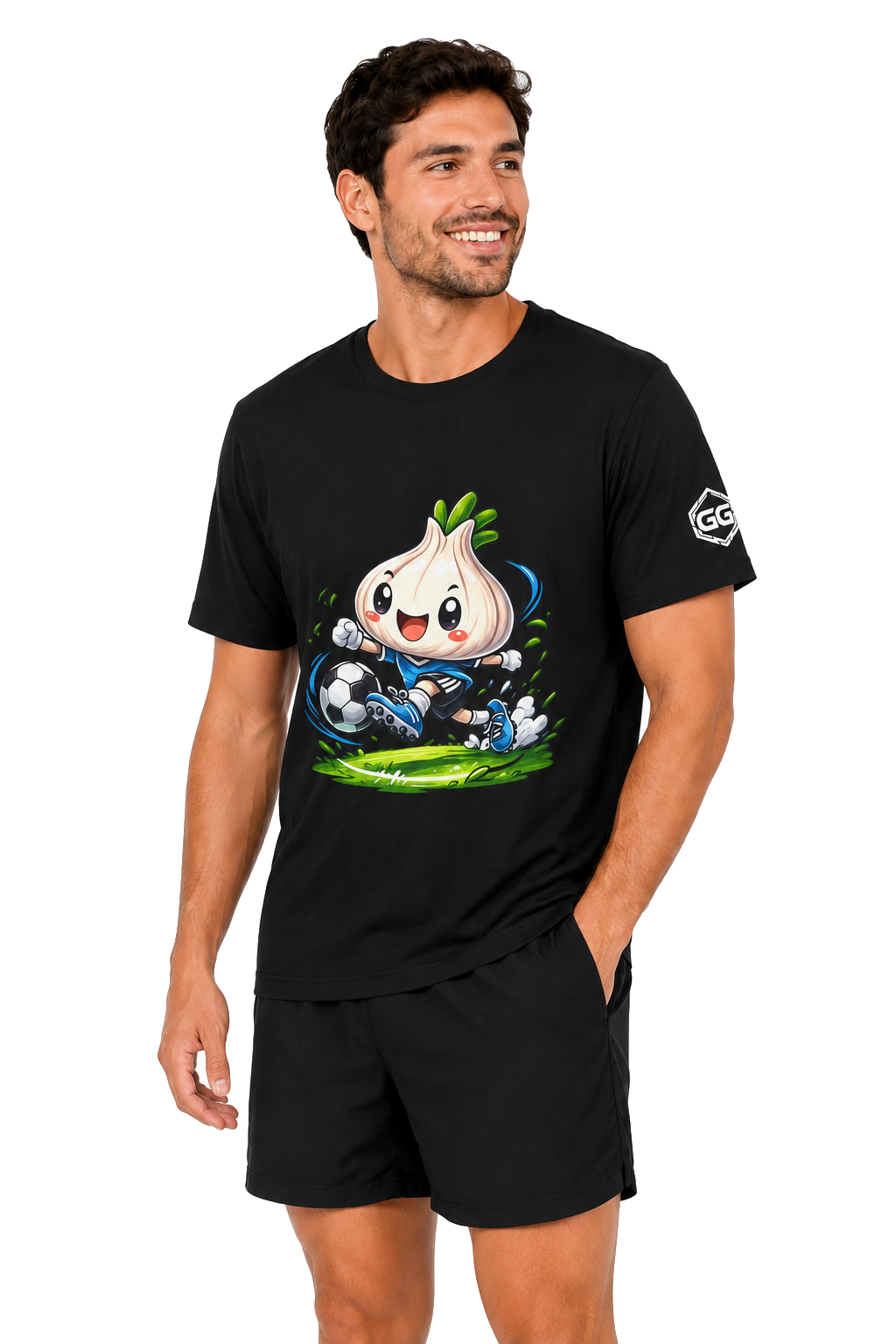 model:1:m | Garlic Soccer Player T-Shirt – Model photo in Black – Man