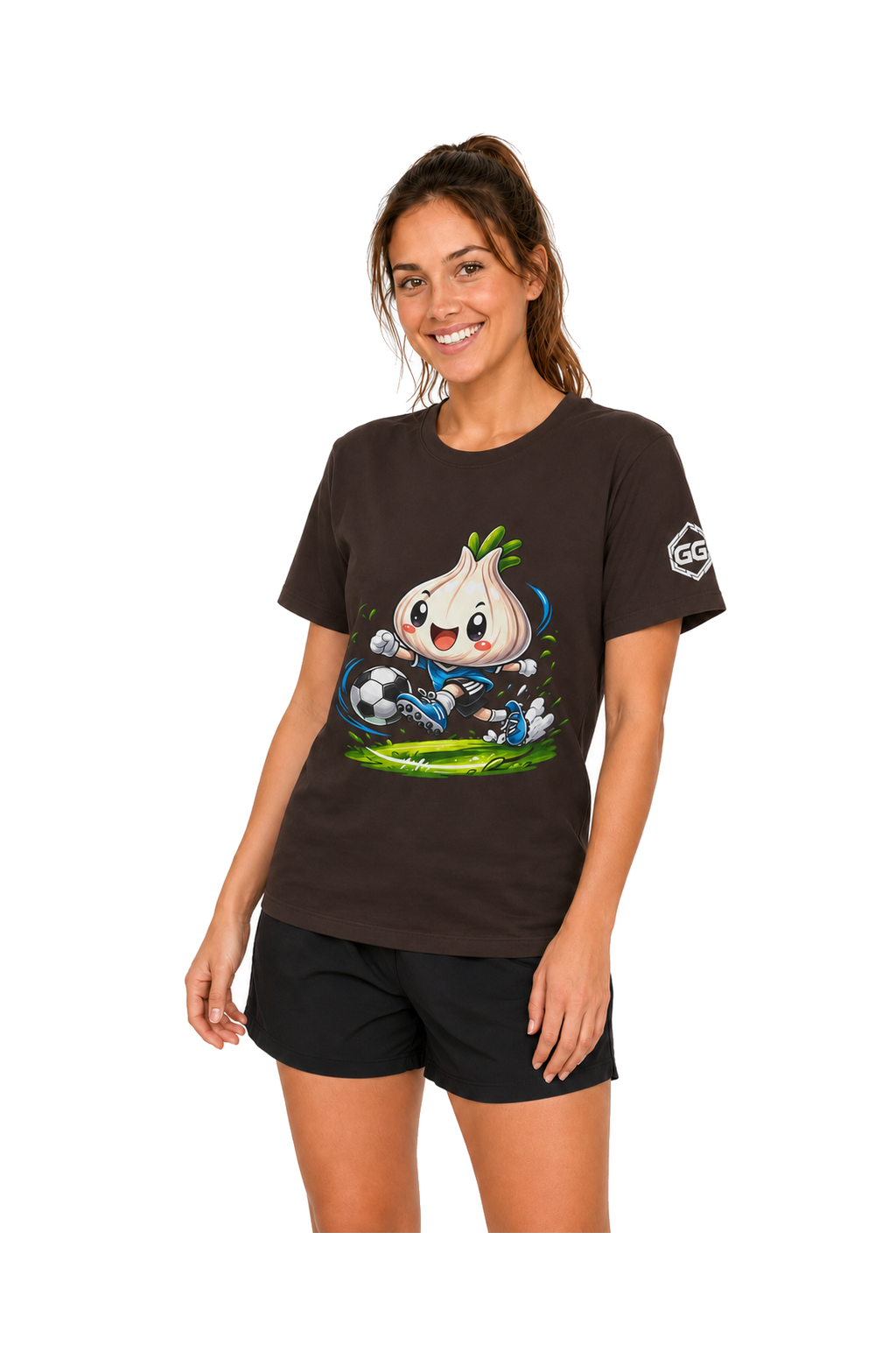 model:3:f | Garlic Soccer Player T-Shirt – Model photo in Dark Chocolate – Woman