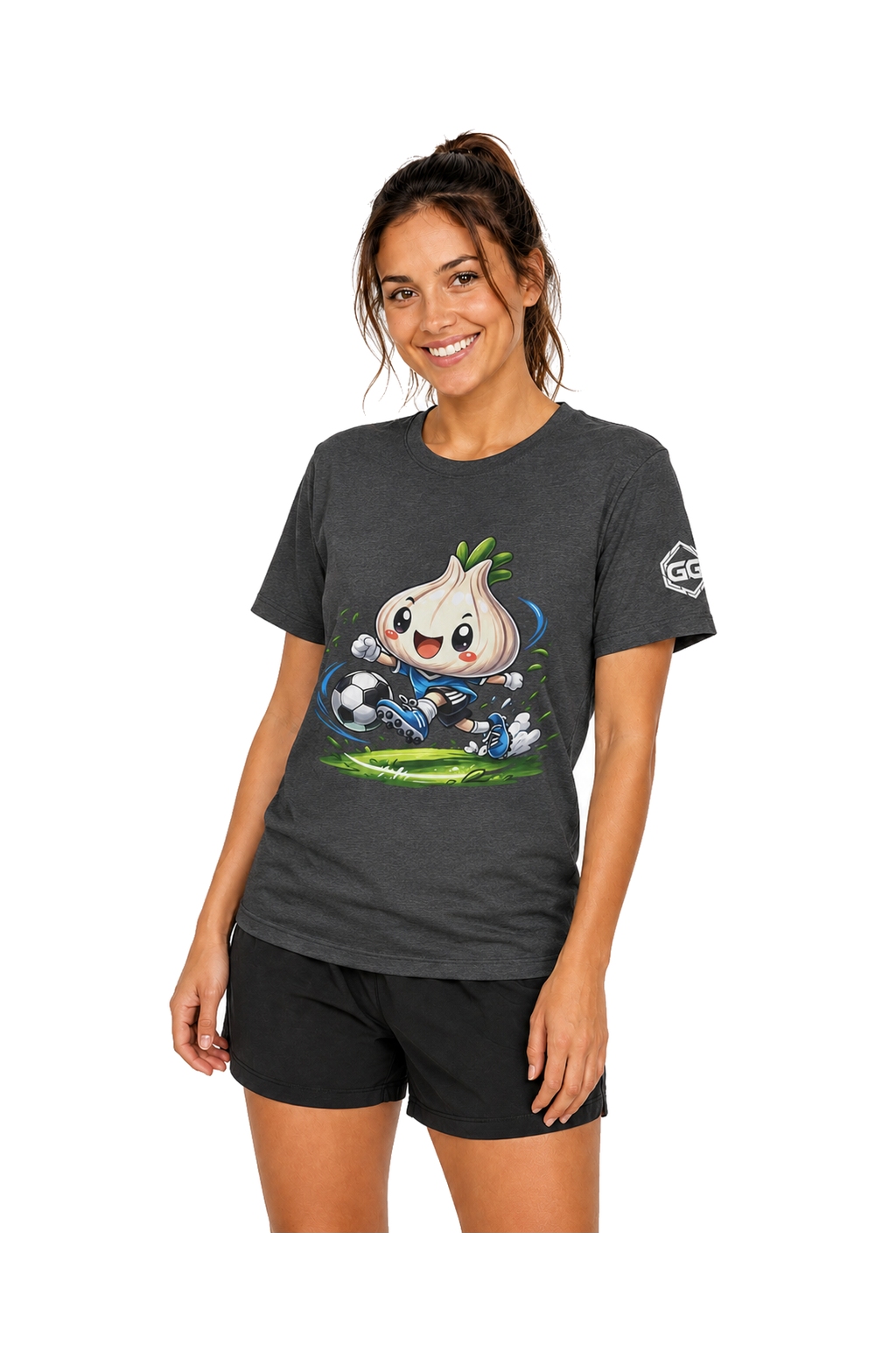 model:6:f | Garlic Soccer Player T-Shirt – Model photo in Dark Heather – Woman