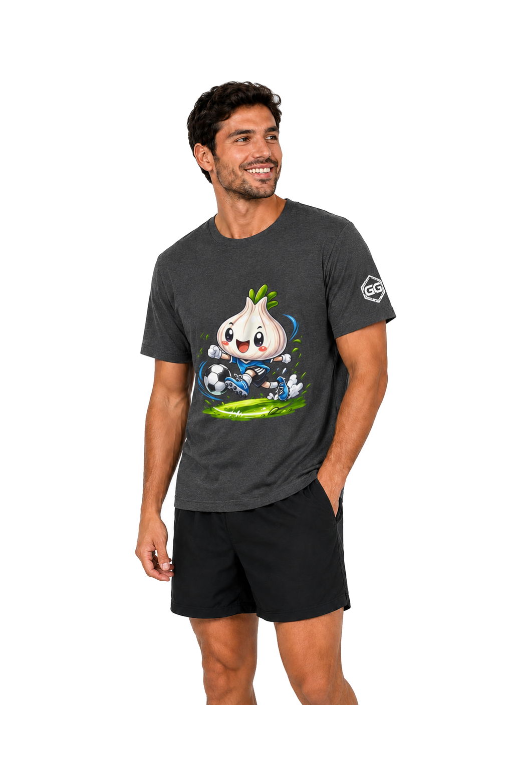 model:6:m | Garlic Soccer Player T-Shirt – Model photo in Dark Heather – Man