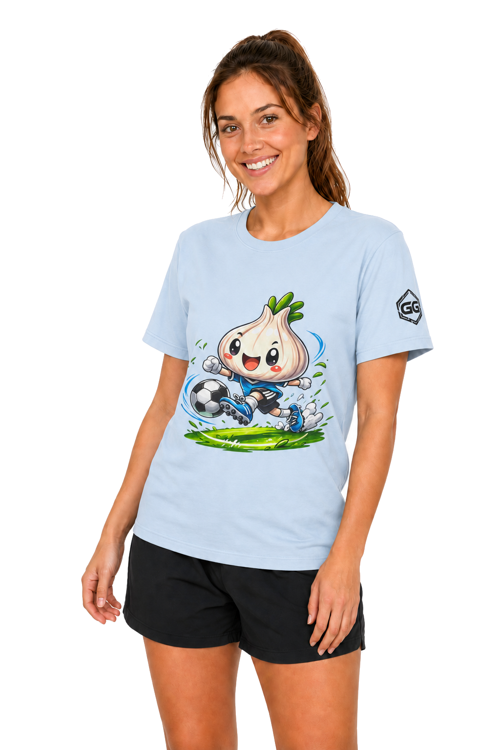 model:7:f | Garlic Soccer Player T-Shirt – Model photo in Light Blue – Woman