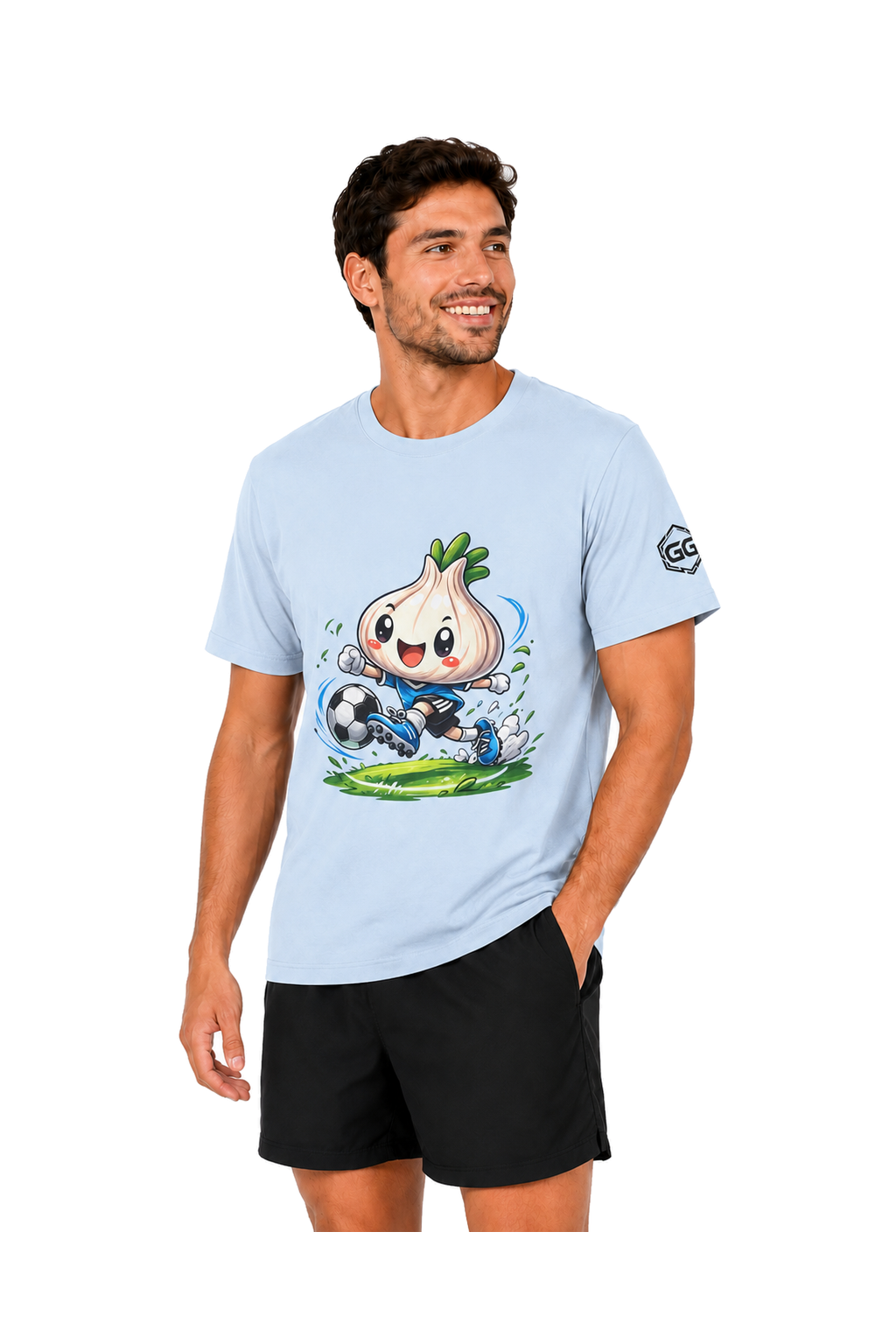 model:7:m | Garlic Soccer Player T-Shirt – Model photo in Light Blue – Man