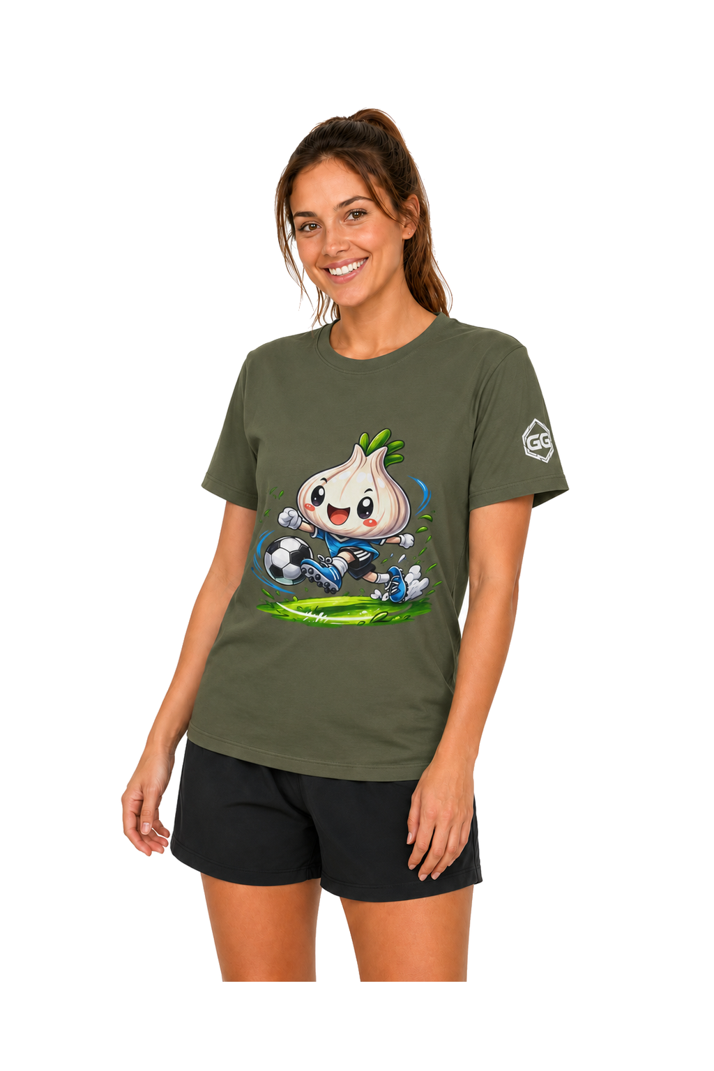 model:5:f | Garlic Soccer Player T-Shirt – Model photo in Military Green – Woman