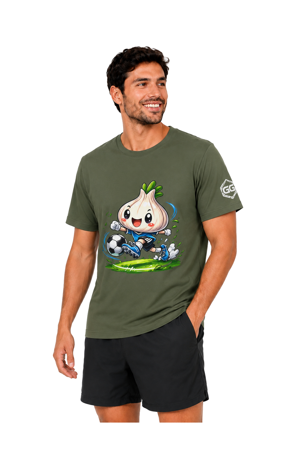model:5:m | Garlic Soccer Player T-Shirt – Model photo in Military Green – Man