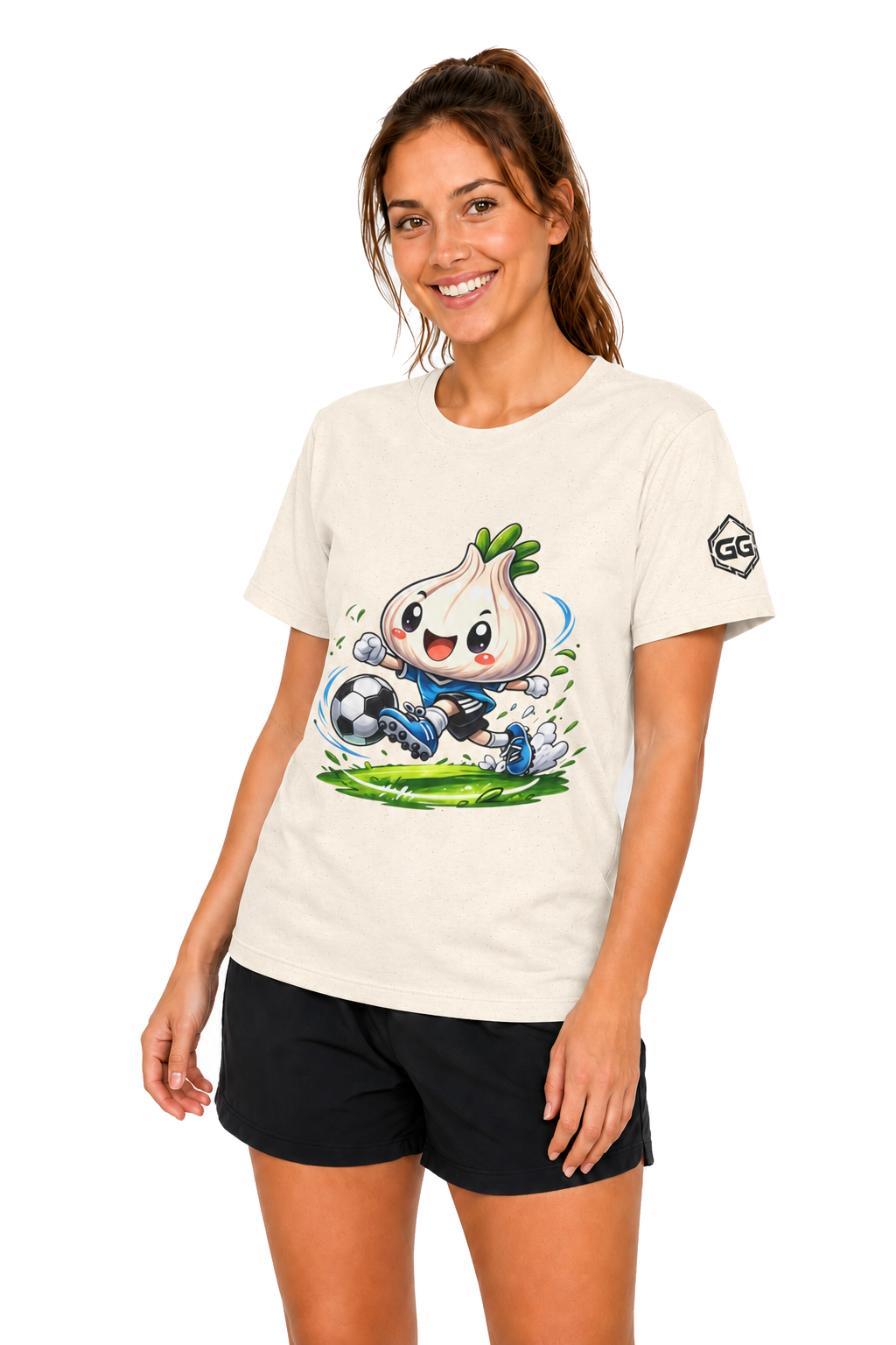 model:4:f | Garlic Soccer Player T-Shirt – Model photo in Natural – Woman