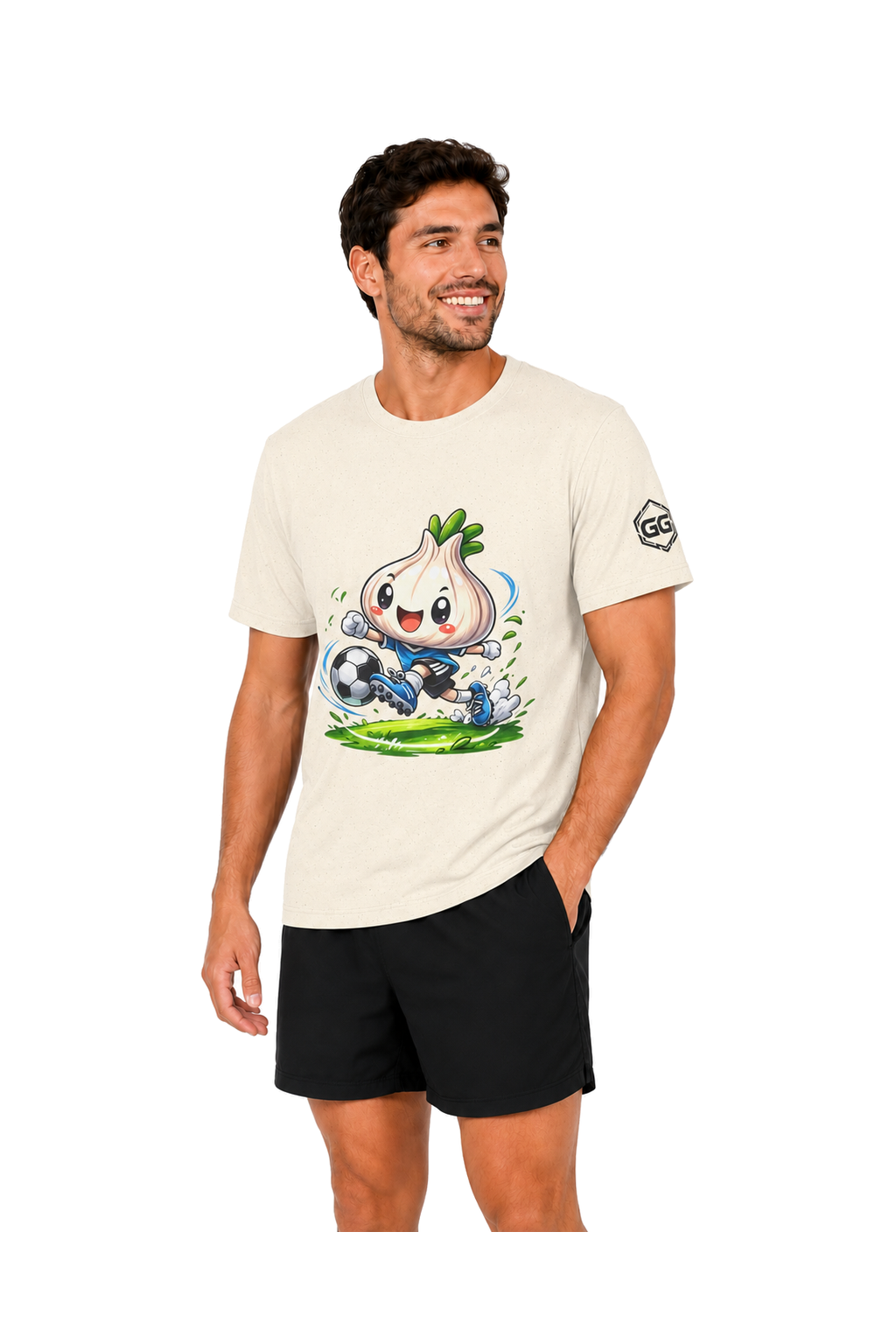 model:4:m | Garlic Soccer Player T-Shirt – Model photo in Natural – Man
