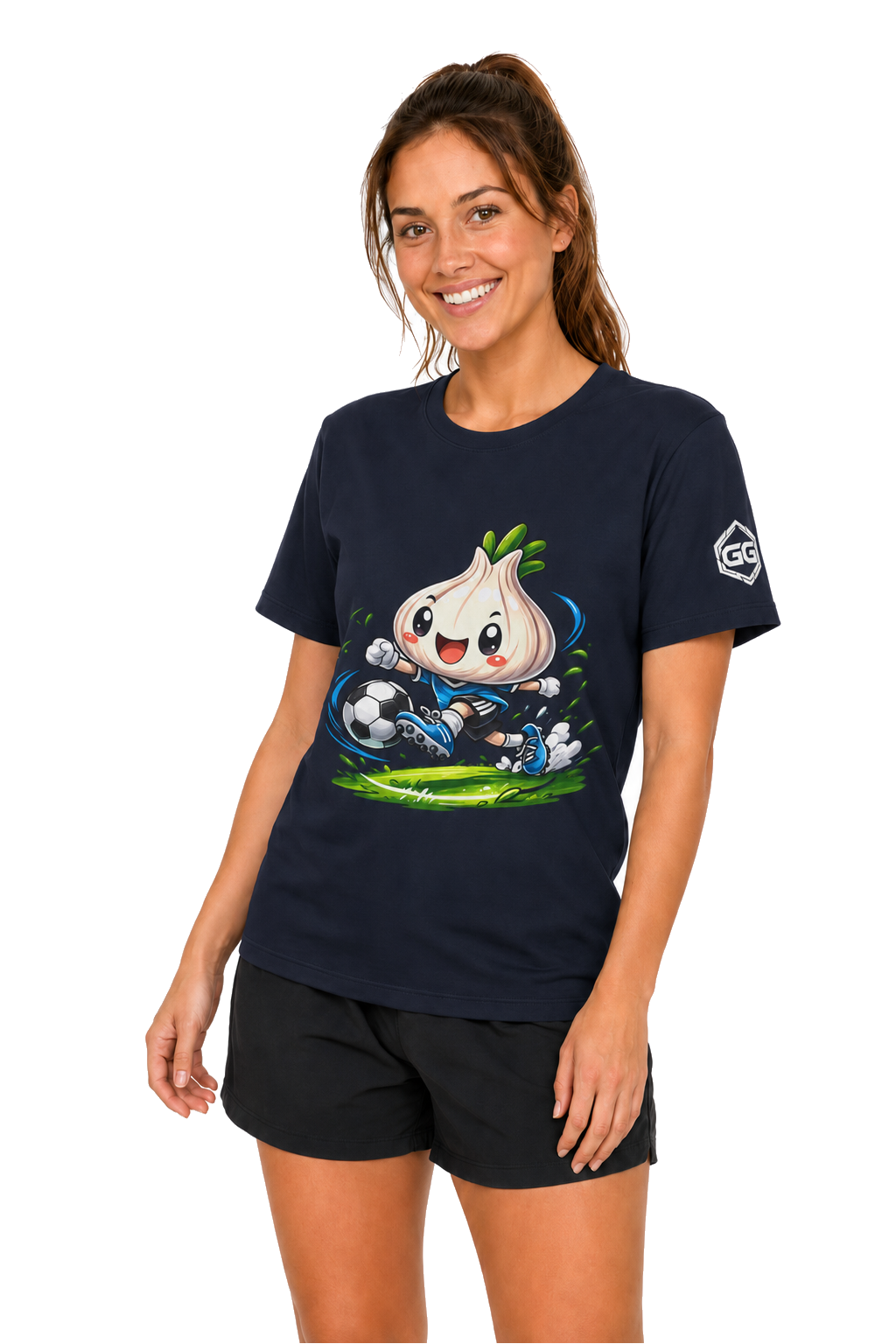 model:9:f | Garlic Soccer Player T-Shirt – Model photo in Navy – Woman