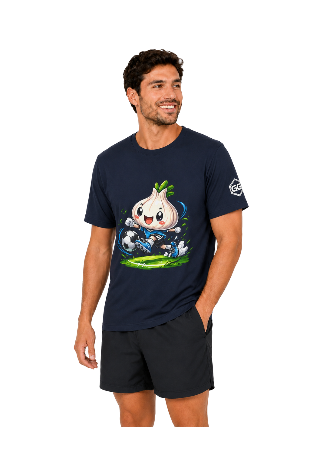 model:9:m | Garlic Soccer Player T-Shirt – Model photo in Navy – Man