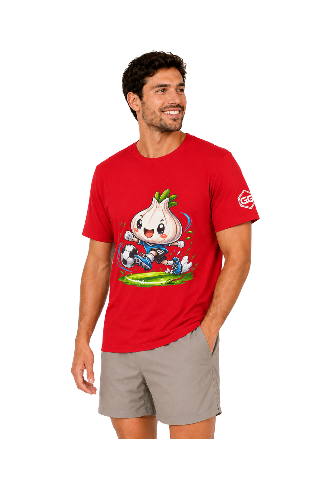 model:10:m | Garlic Soccer Player T-Shirt – Model photo in Red – Man