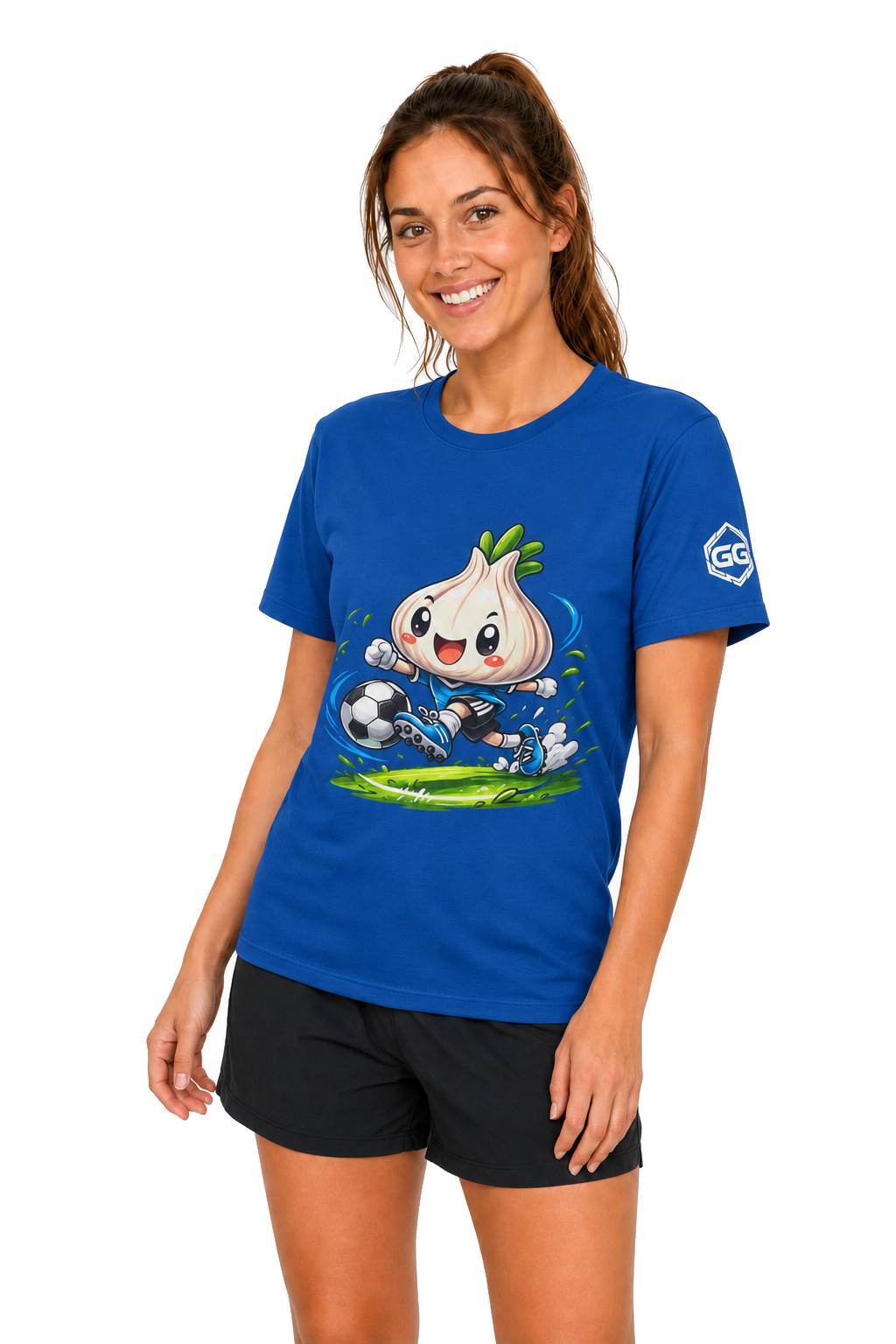 model:8:f | Garlic Soccer Player T-Shirt – Model photo in Royal – Woman