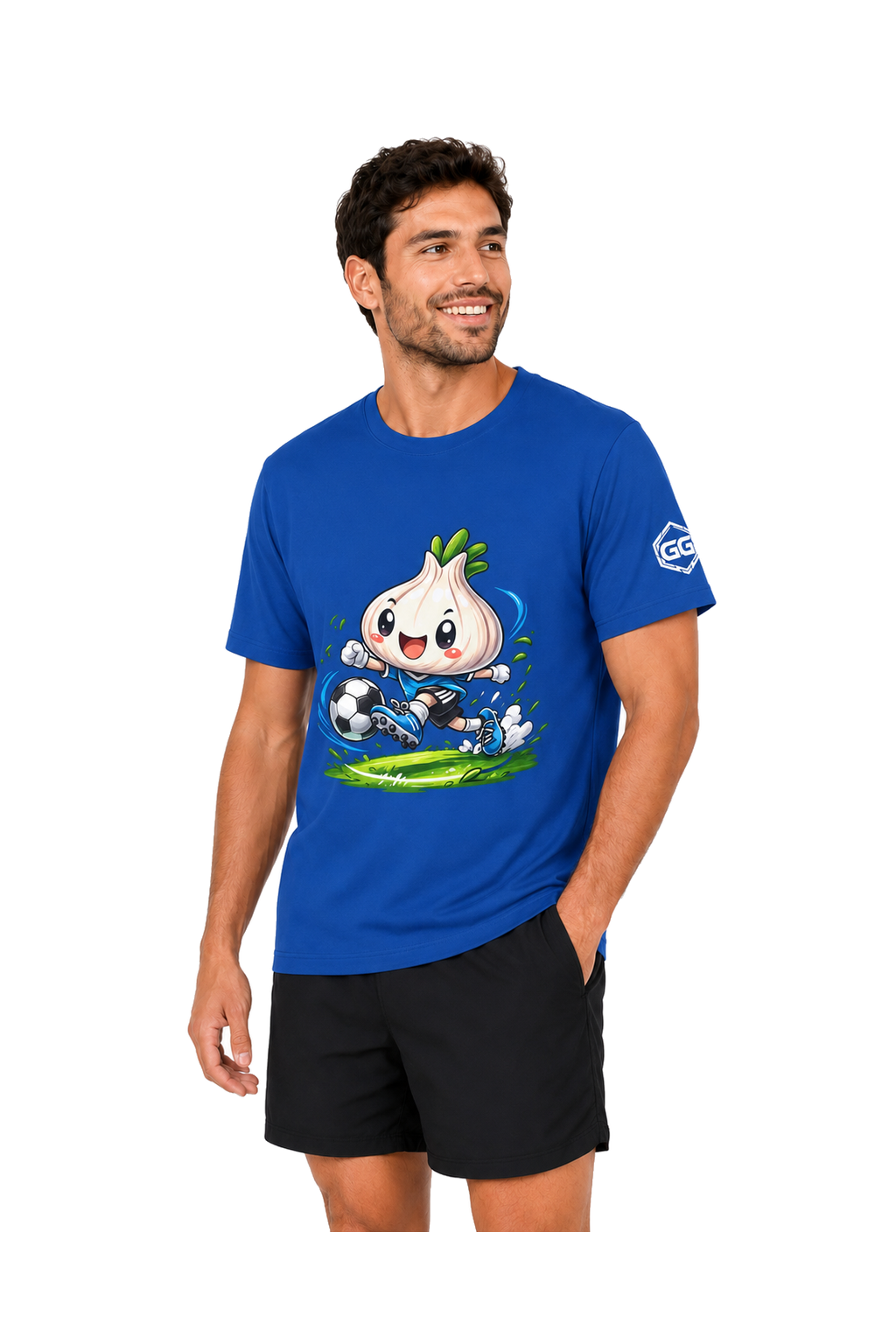 model:8:m | Garlic Soccer Player T-Shirt – Model photo in Royal – Man