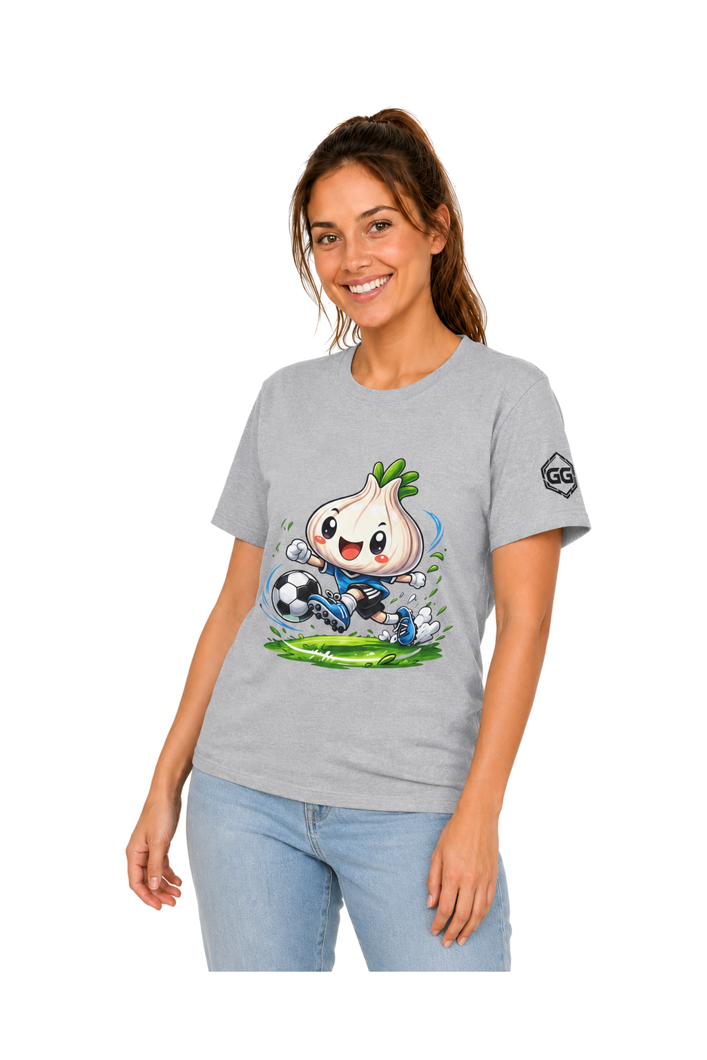model:2:f | Garlic Soccer Player T-Shirt – Model photo in Sport Grey – Woman