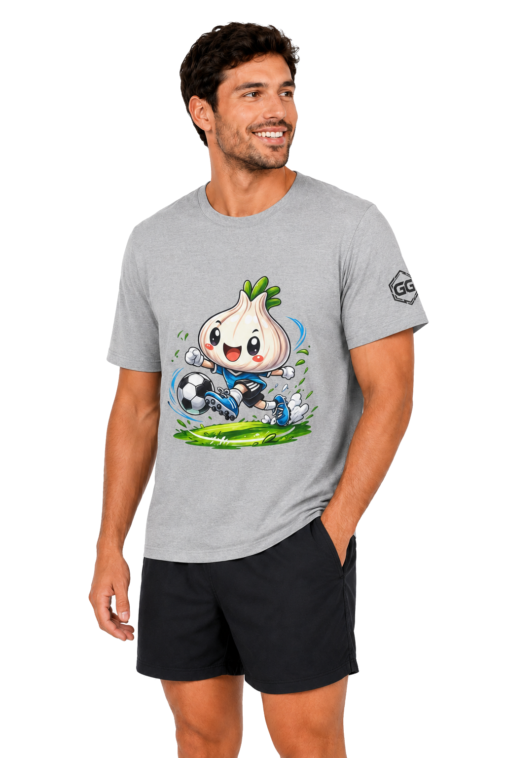 model:2:m | Garlic Soccer Player T-Shirt – Model photo in Sport Grey – Man