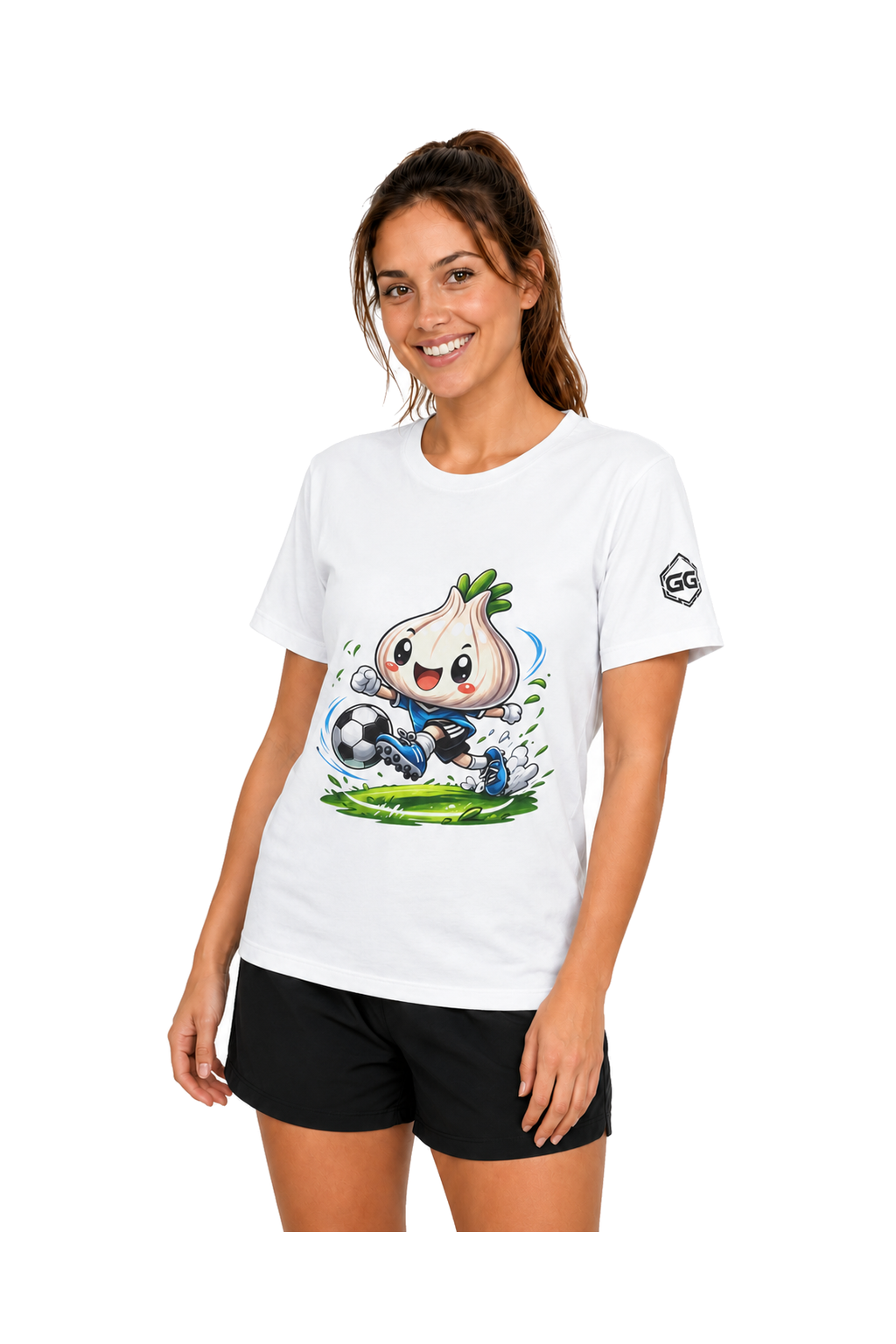 model:0:f | Garlic Soccer Player T-Shirt – Model photo in White – Woman